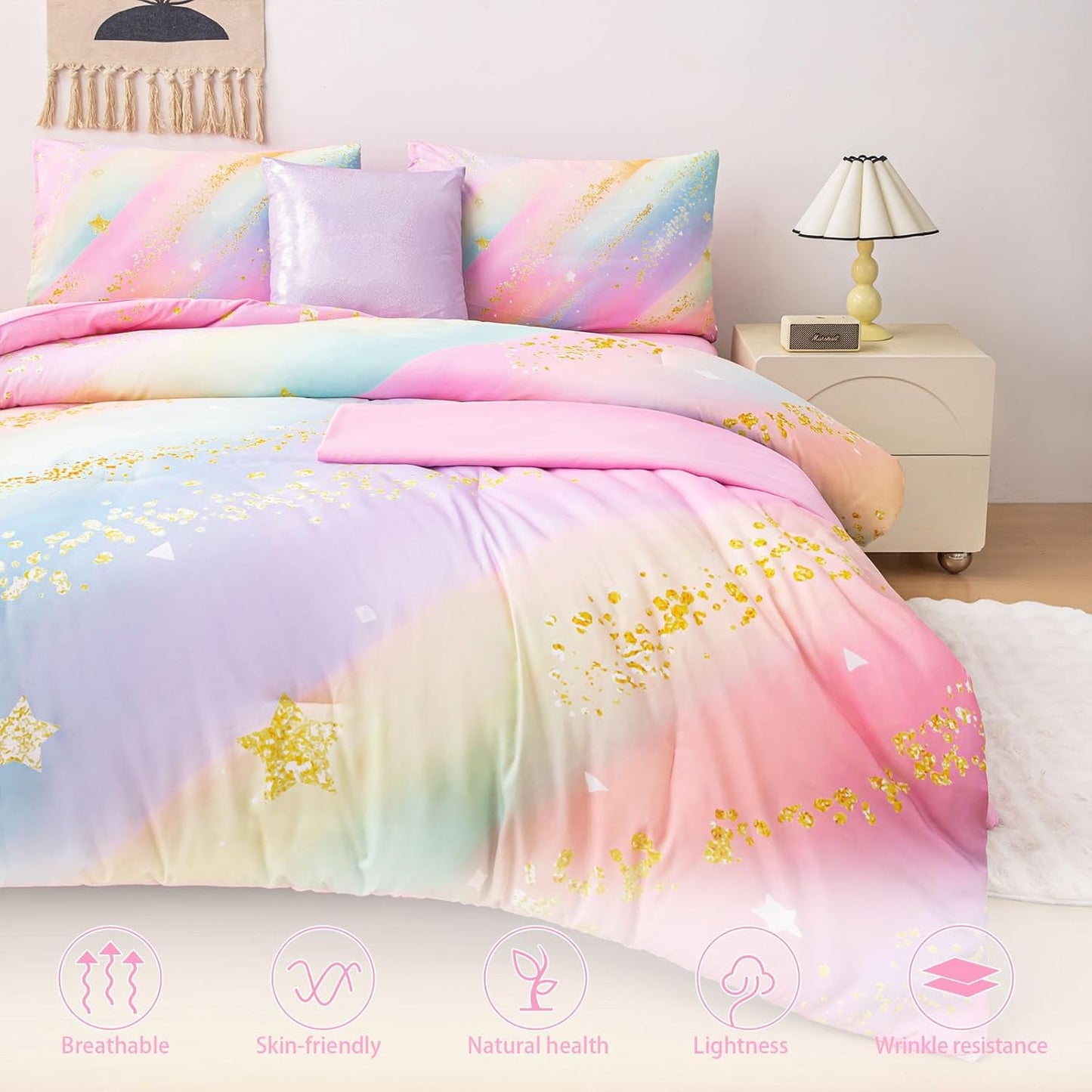 Rainbow Bedding Set Queen Size – 6-Piece Reversible Girls Comforter with Deep-Pocket Sheet, Gradient Galaxy Design, Whole-Piece Filling, Machine Washable Bed-in-a-Bag for Kids Room Makeover & Gifts