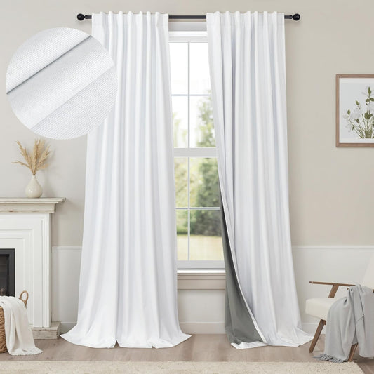 Elegant Curtains for Living Room 102 Inch Long Faux Linen Back Tab Rod Pocket Full Blackout Viral Curtains for Sliding Glass Door Nursery Thermal Curtains for Summer Heat 52x102 Length 2 Panels White
