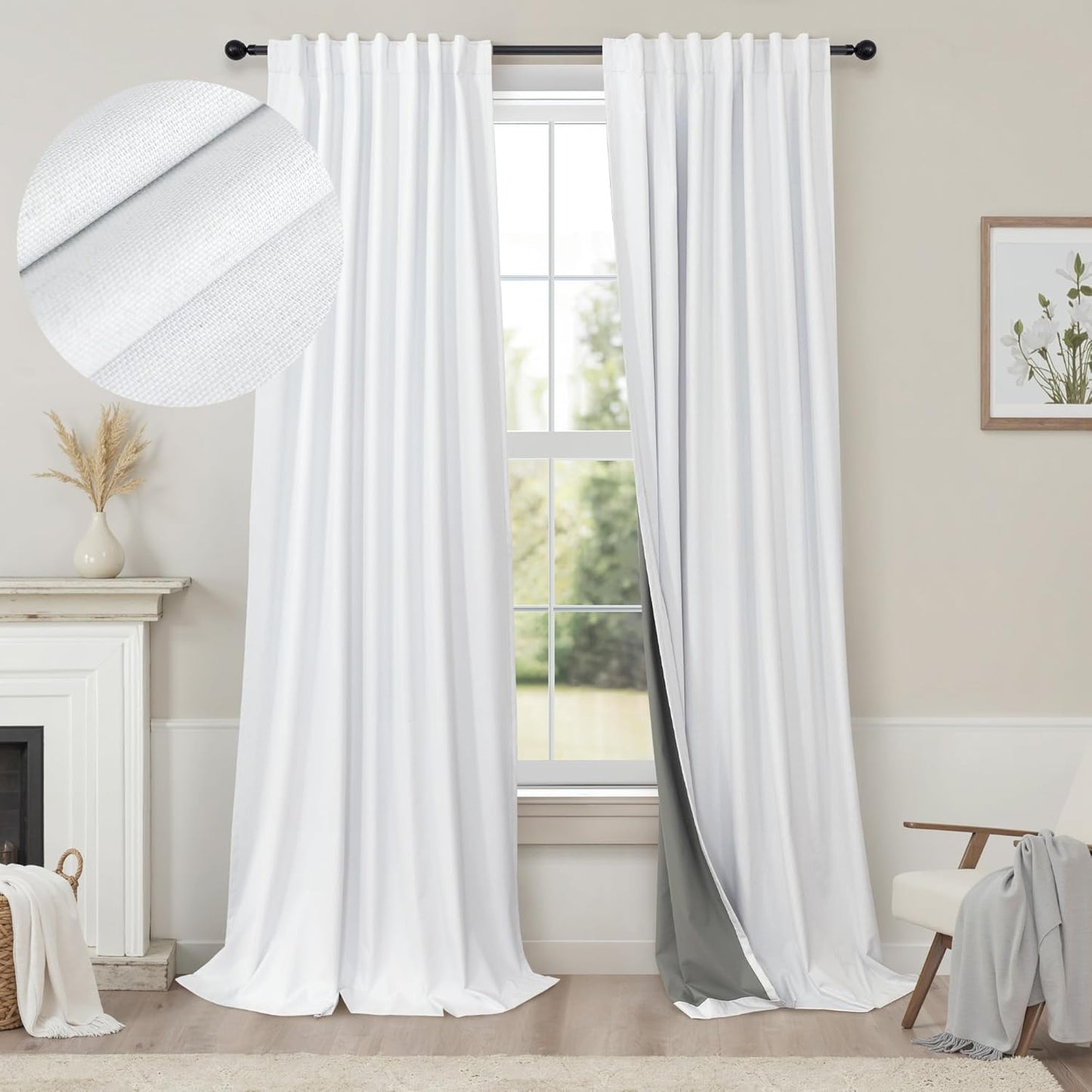 Complete Blackout 90 Inch Curtains Rustic Closet Extra Wide Curtains 2 Panel Set Linen Cotton Textured Large Window Light Heat Blocking Energy Saving Insulated Vintage Farmhouse Drapes Back Tab 7.5 ft