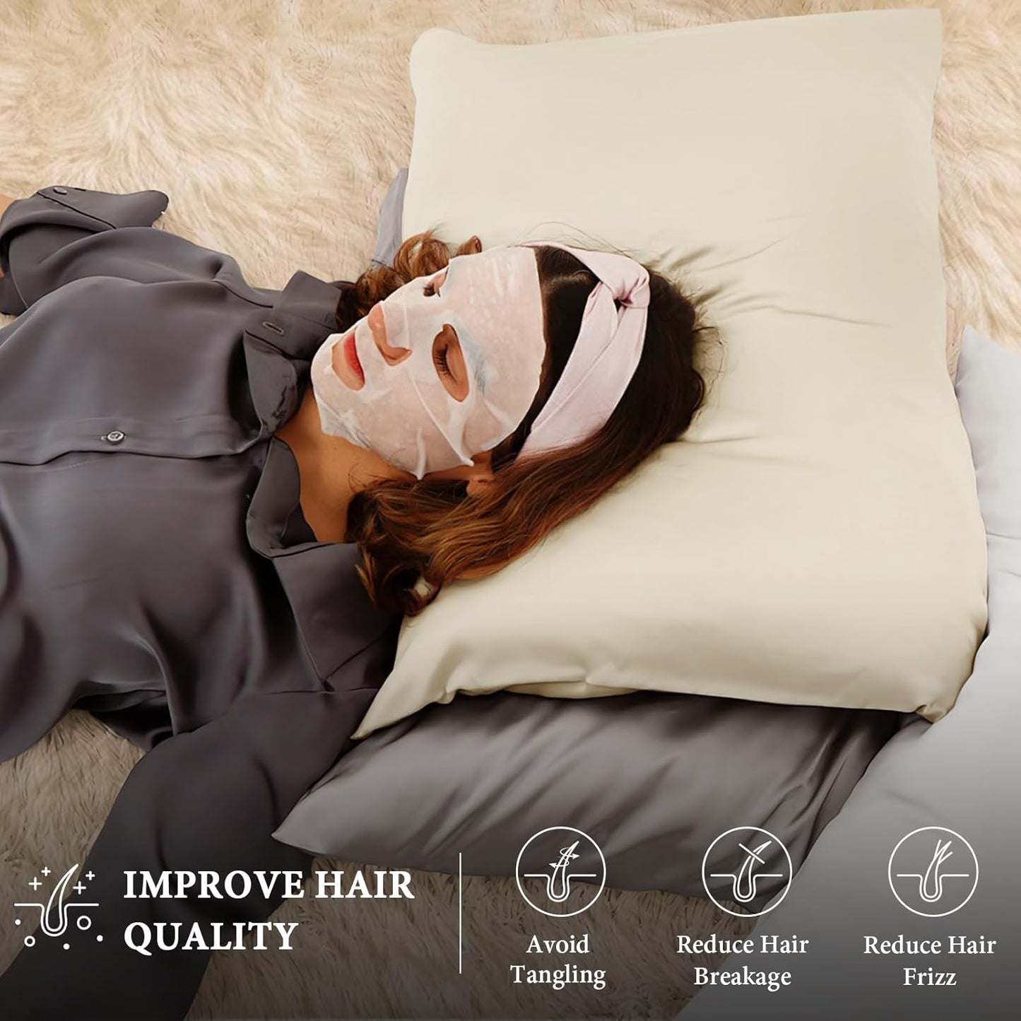 BHZ Satin Goose Down Feather Pillows Standard Size Set of 2 with Beige Satin Pillowcase for Hair and Skin, Cooling Pillow Cases Similar to Silk Pillow Cases, Decor for Women, Mom Men
