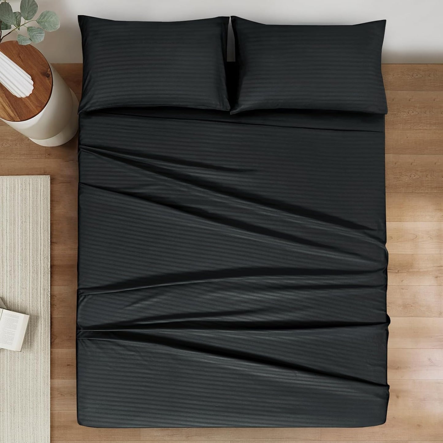 Mejoroom Striped Full Size Sheets – Extra Soft Full Size Bed Sheets - 16inches deep Pocket Full Sheet Set, Breathable, Wrinkle, Fade and Stain Resistant – 4 Piece(02-Black)