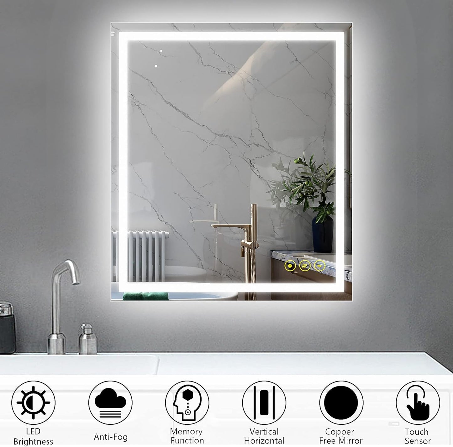 Wall-Mounted LED Square Bathroom Mirror, Makeup Mirror (36inches x 30inches,) 3 Color Stepless Dimmable Memory Bathroom Vanity Mirror with Lights CRI90+ 3000-6400K Smart Mirror with Touch