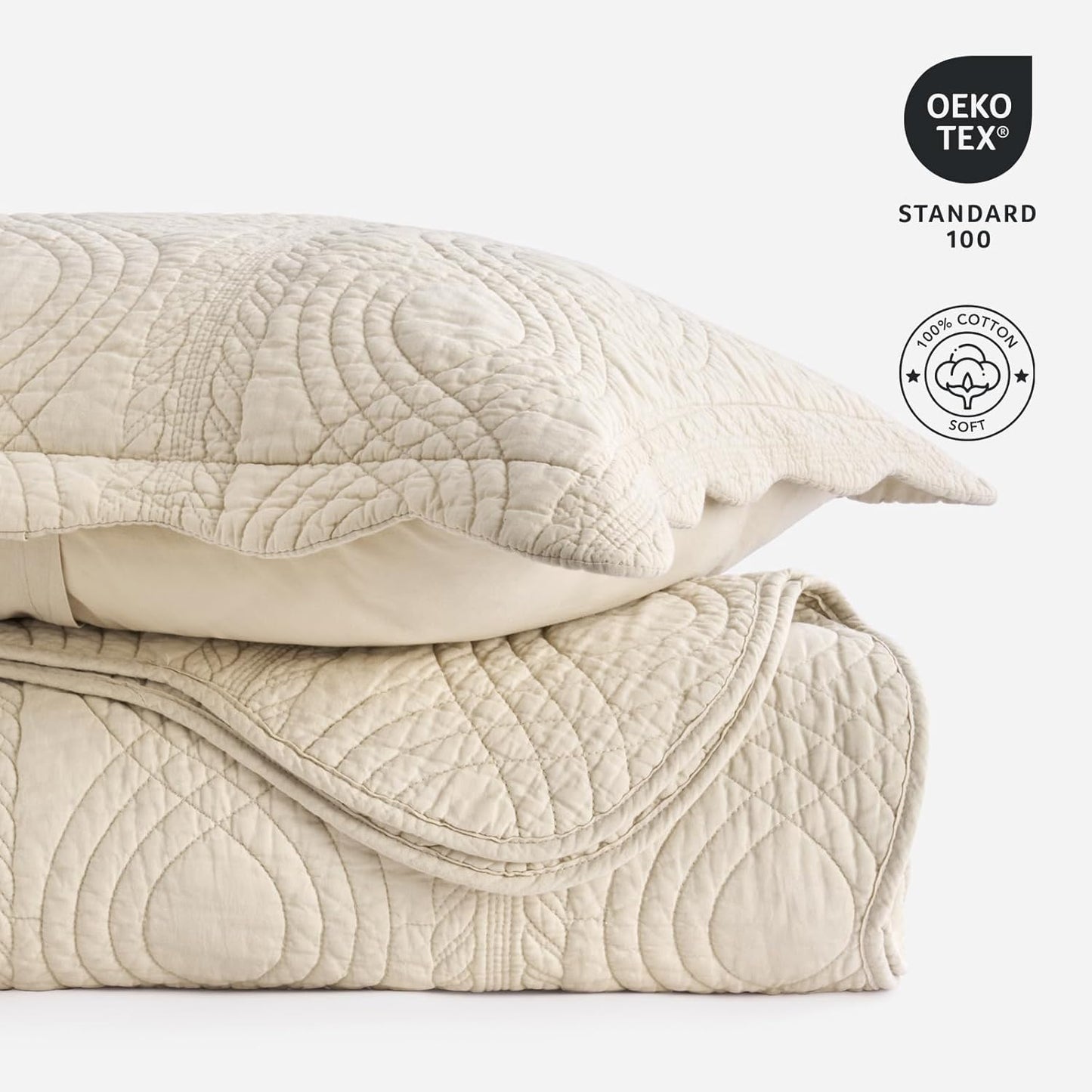 EVERGRACE 100% Cotton Scallop Quilt Set, Queen Size 3 Piece Set – Lightweight Bedspread with 2 Shams, Soft Prewashed Matelasse Coverlet for Cozy and Elegant Bedding, Flax Beige