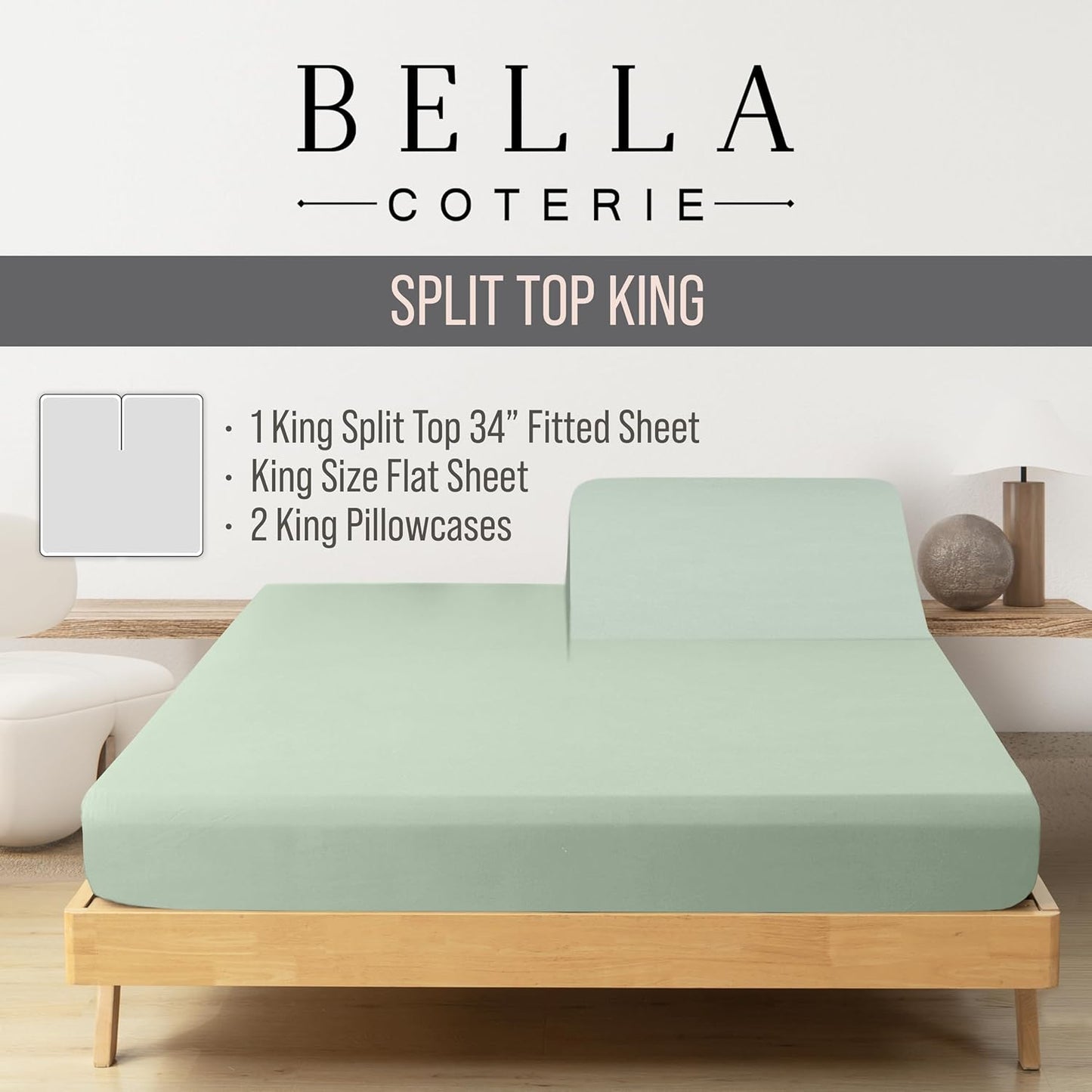 Bella Coterie Luxury Bamboo Viscose 34” Split Top King Size Sheet Set | 1 Fitted Sheet for Sleep Number & Adjustable Beds | 100% Organically Grown | Cooling & Soft | 18” Deep Pocket [Sea Glass]