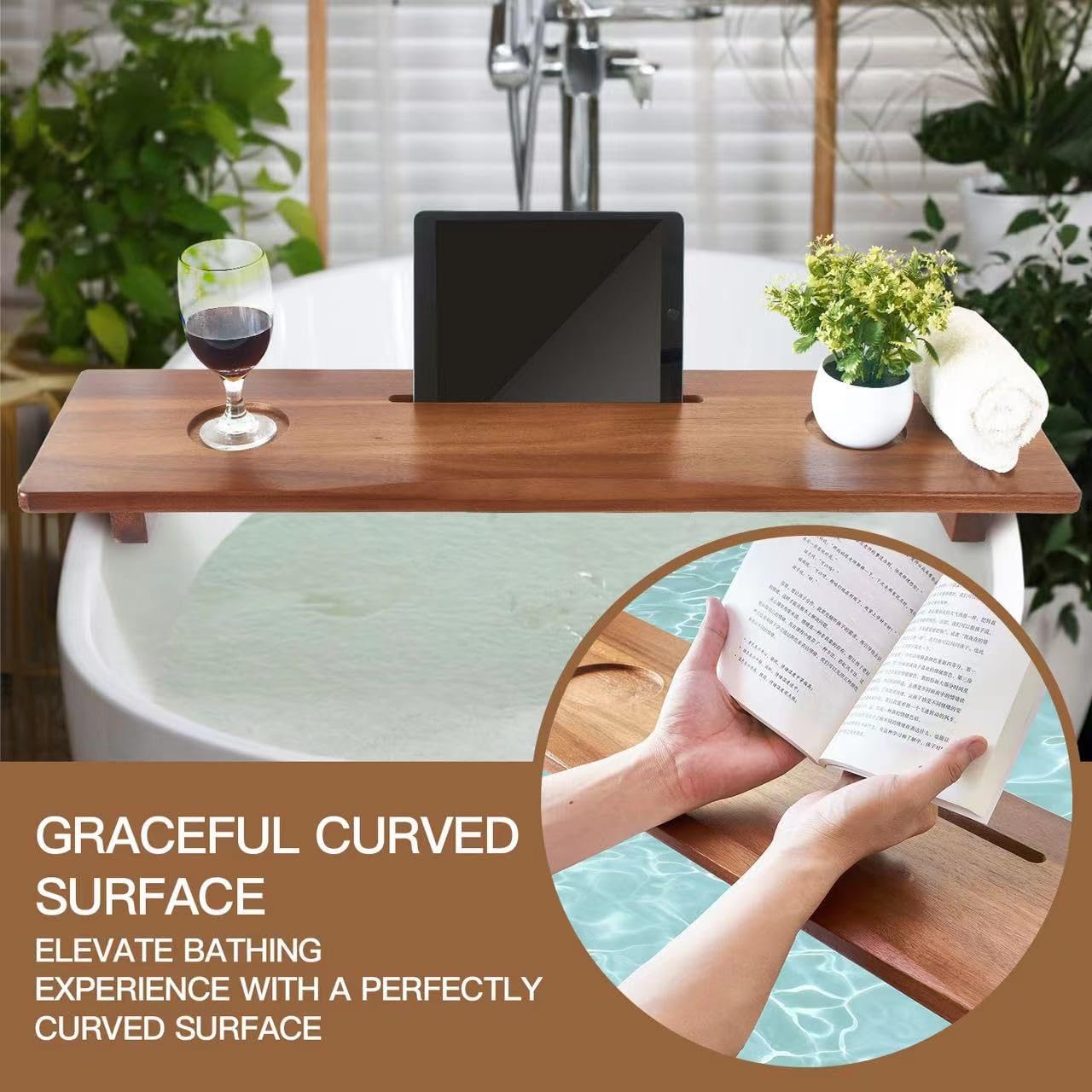 Luxe Premium Acacia Wood Bathtub Tray Caddy with Adjustable Legs, 35x9 Inch Large Wooden Bath Tub Board, Anti-Tipping Bath Shelf Over Tub, Bathtub Accessories