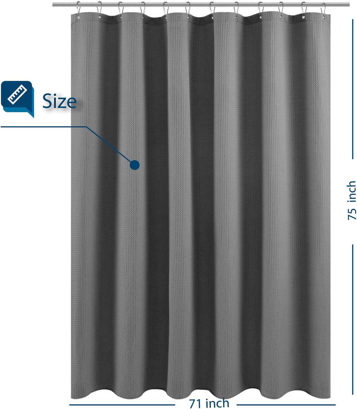 Barossa Design Long Fabric Waffle Weave Shower Curtain 75 inch Height, Hotel Luxury Spa, 230 GSM Heavy Duty, Water Repellent, Machine Washable, Gray Pique Pattern, 71x75