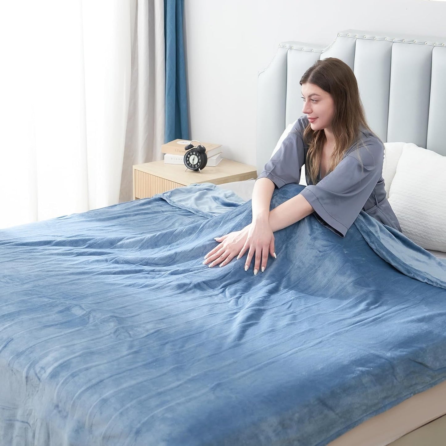 Electric Heated Blanket Full Size 72"x 84", Super Cozy Soft with 6 Heat Levels & 10 Hours Auto of, Quick Heating for Bedroom Living Room Machine Washable, Light Blue Grey