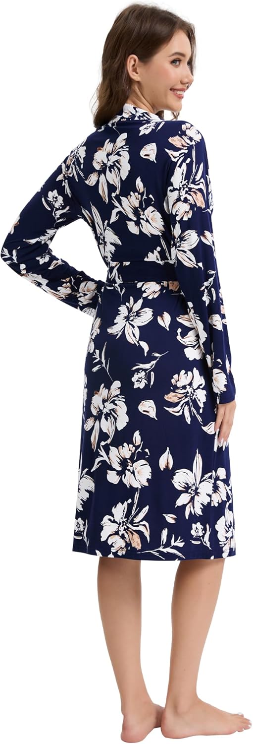 WiWi Women's Robe Long Sleeve Bathrobe with Pockets Soft Kimono Spa Lightweight Robes Bamboo Viscose Loungewear S-XXL