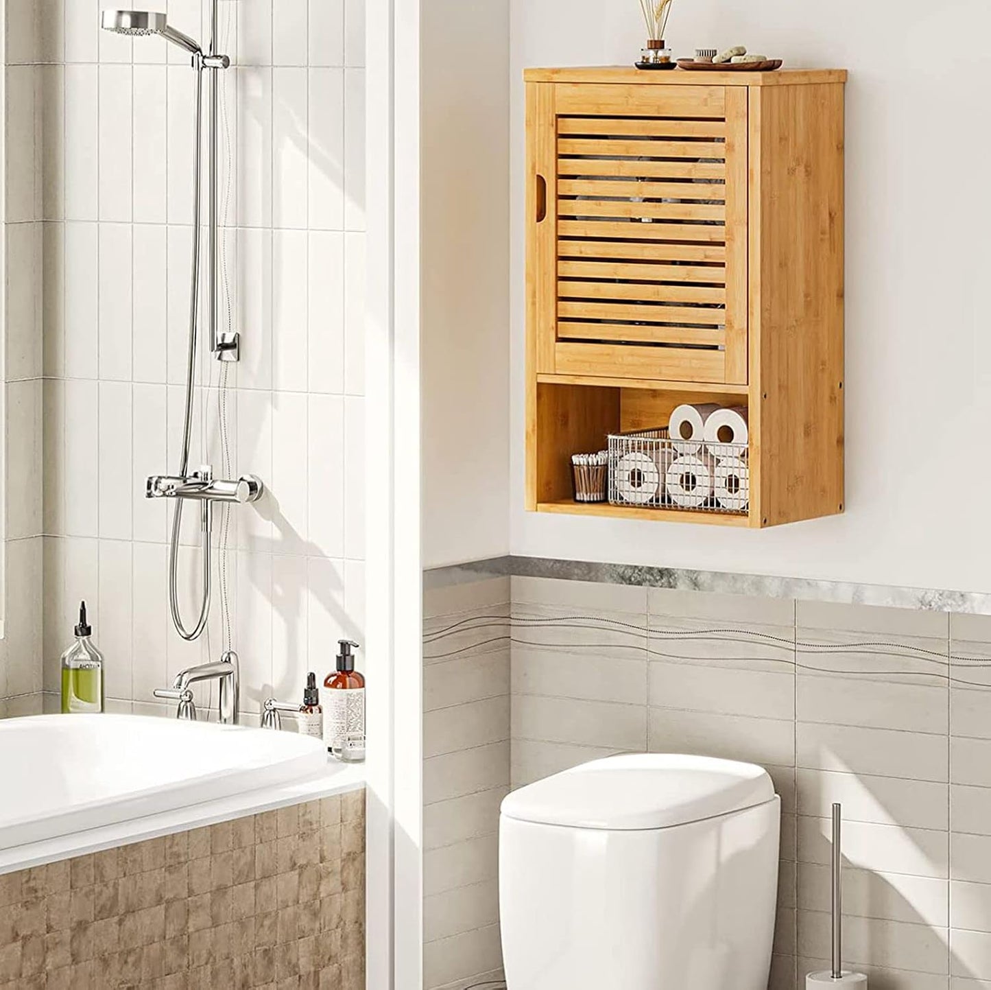 VIAGDO Bathroom Wall Cabinet, Wooden Medicine Cabinet with Single Door and Adjustable Inner Shelf, Bamboo Storage Cabinet Wall Mounted, Over The Toilet Hanging Cupboard, 15.7’’Lx7.8’’Wx23.6’’H