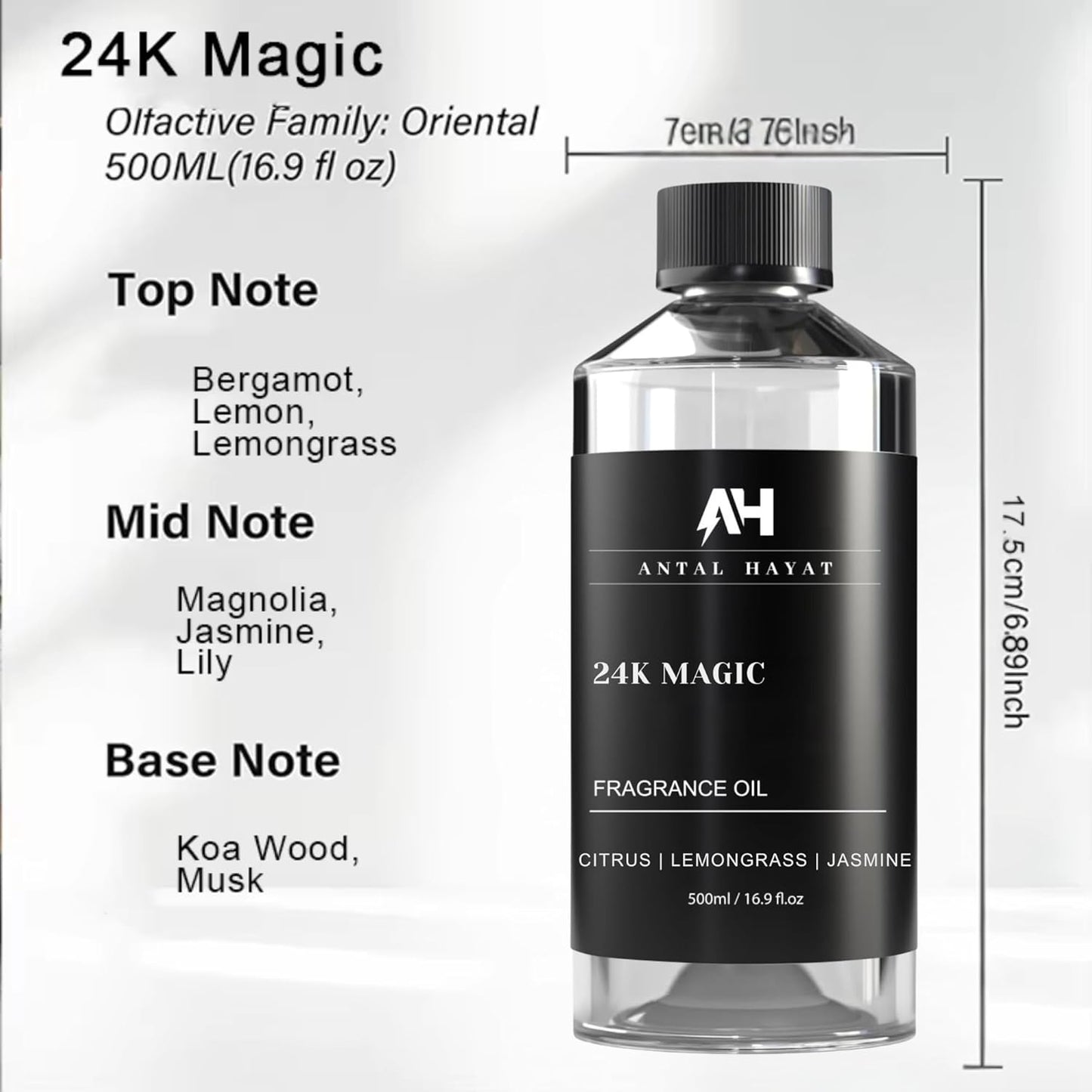24K Magic Scent Diffuser Oil 500mL - Inspired by Luxury Hotel W Hotels - Notes of Zesty Citrus, Floral Jasmine, & Delicate Lily - Aromatherapy Home Fragrance - 24K Diffuser Oil - AH Diffuser Oils