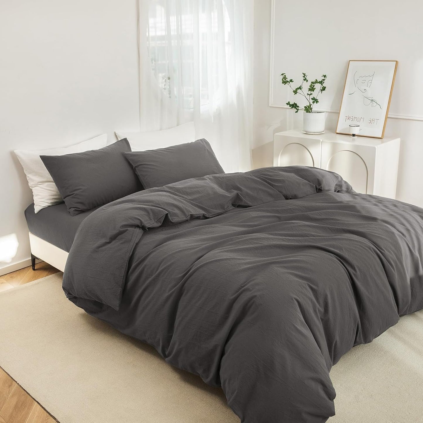 JIYUAN 100% Washed Cotton Duvet Cover Set 3 Pieces Oversized King, 1 Duvet Cover 120x98 Inches(Comforter Not Included) and 2 Pillowcases,Linen Feel Bedding Set Comfy and Breathable,Solid Dark Grey