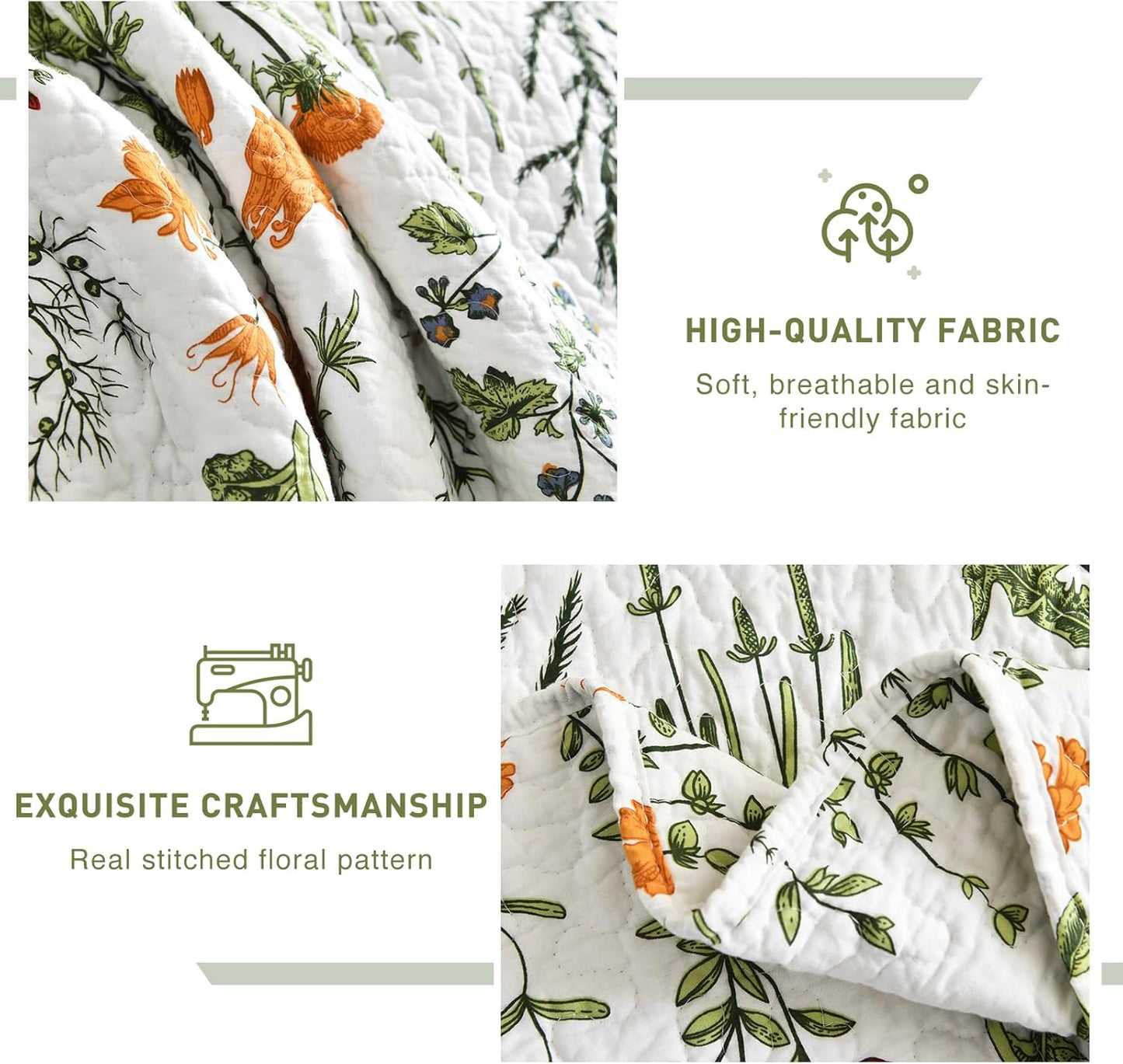 Lady Ann 100% Cotton Floral Oversized Queen Quilt Set - Yellow Flowers & Leaves Pattern Plant Botanical Printed Quilted 102x118 Bedspread & Coverlet Set, 3 PCS Lightweight Bedding Sets All Season
