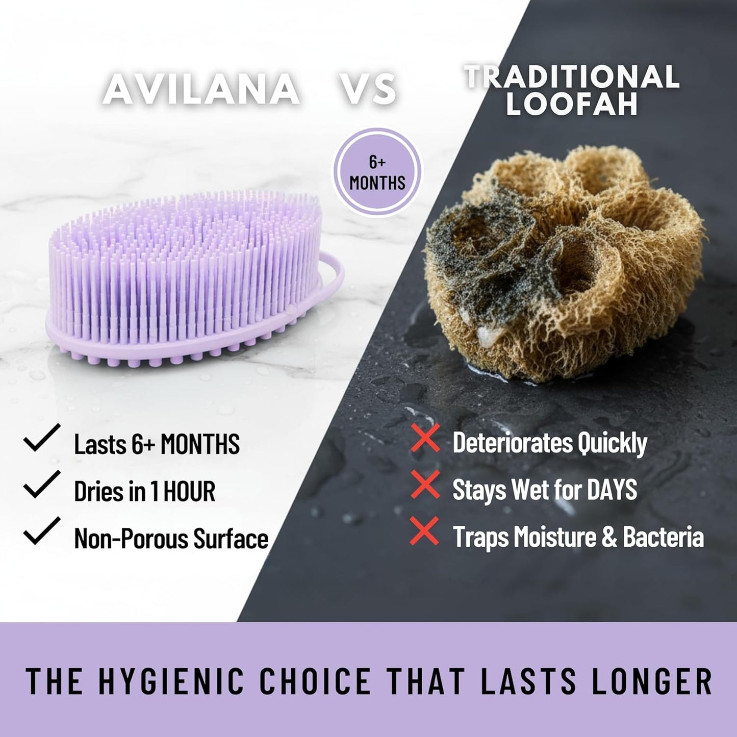 Silver Infused Silicone Body Scrubber Shower - Gentle Back Scrubber Soft Bristles - Avilana Premium Dual Sided Bath Brush Massage - Advanced Material Loofah Alternative - Gift Women Men
