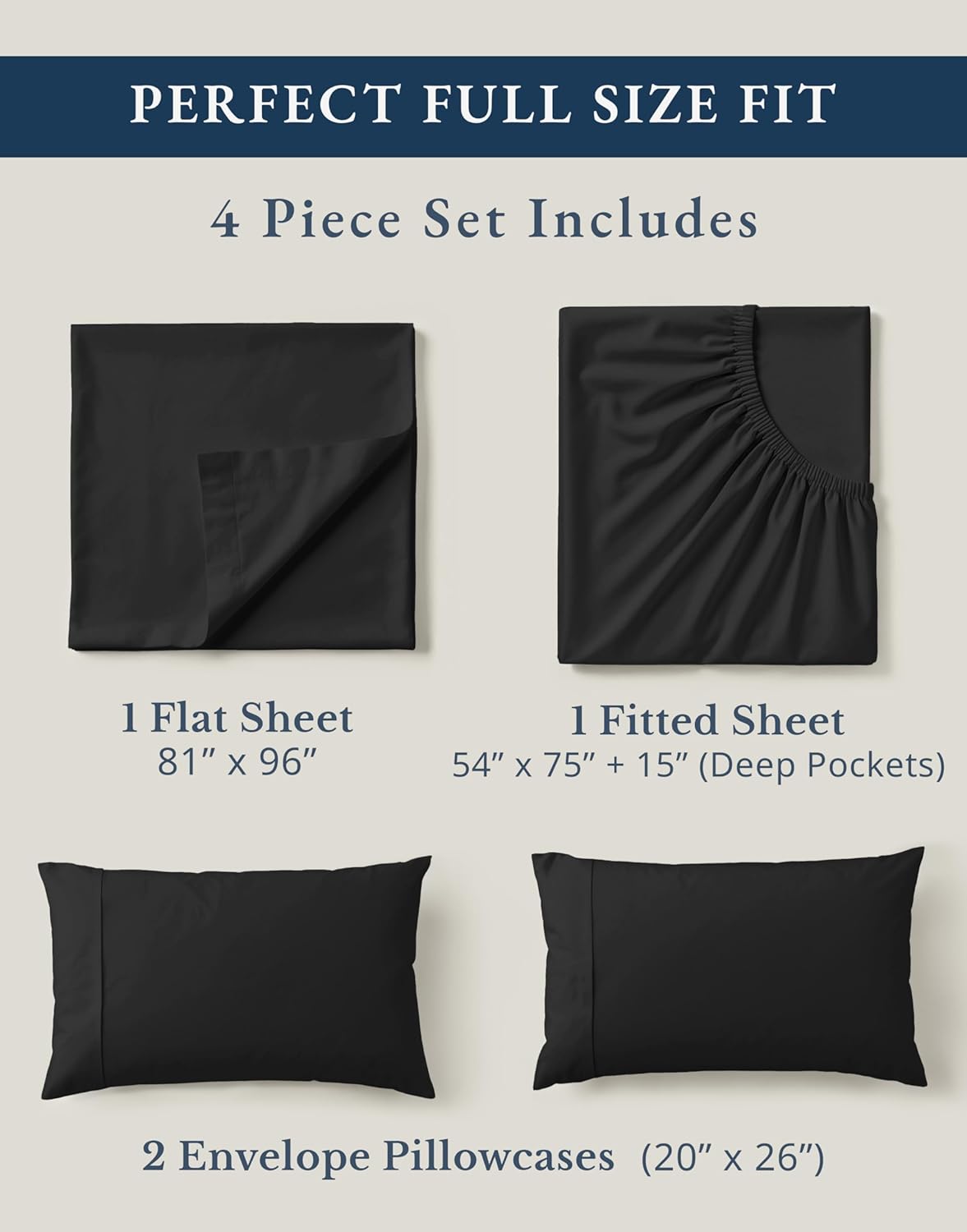 LANE LINEN 100% Organic Cotton Full Sheets Set, 4-Piece Pure Organic Cotton Percale Sheets, Long Staple Cotton Sheet, Ultra Soft Bedding Sheet, Breathable,Fits Mattress Upto 15" Deep - Black