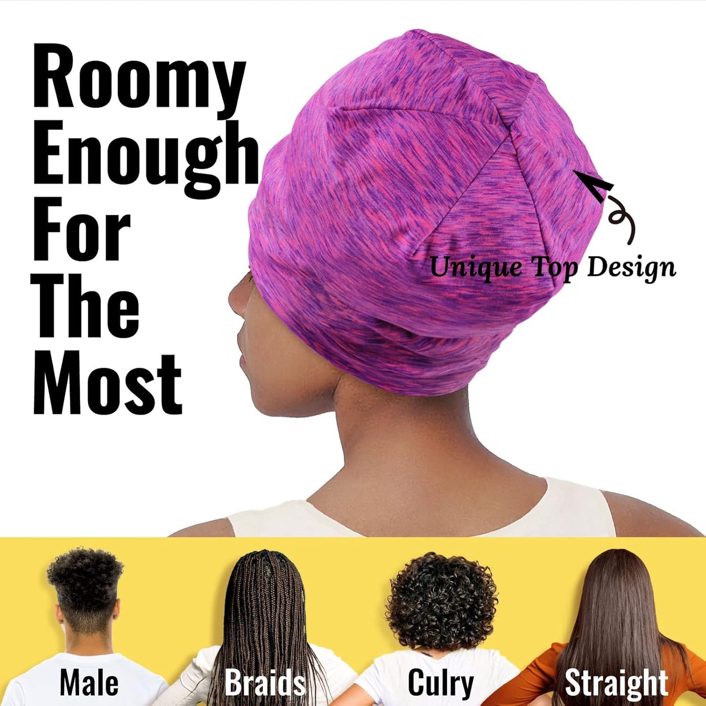 Satin Lined Sleep Cap Bonnet for Curly Hair and Braids, Stay On All Night Hair Wrap with Adjustable Strap for Women and Men, Purple and Pink, Pack of 1