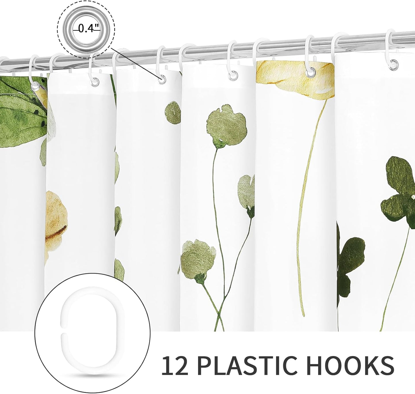 Gibelle Long Shower Curtain 72 x 78, Watercolor Floral Fabric Shower Curtain, Olive Green Beige Flower Decorative Bathroom Shower Curtain Set with Hooks