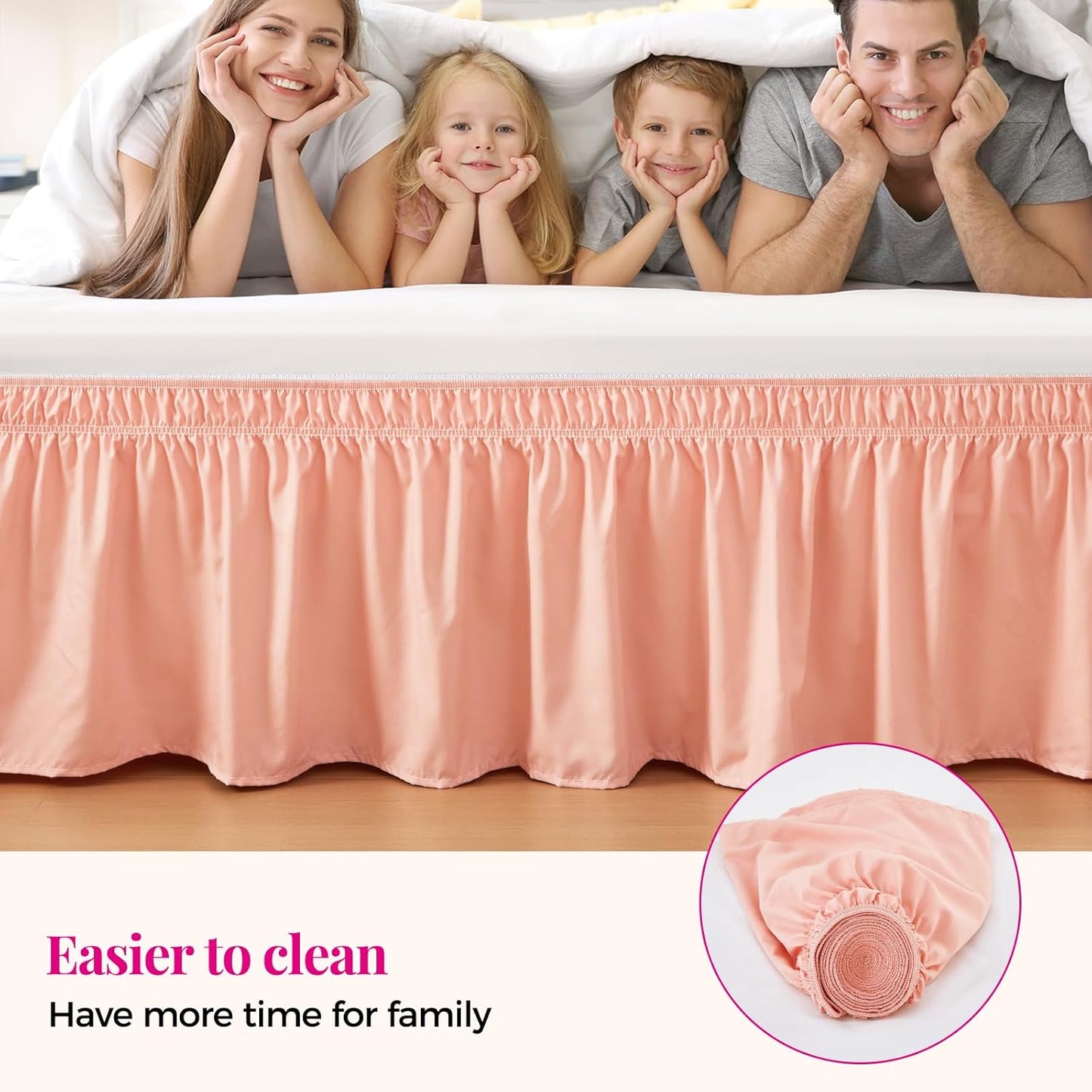 RIMELA Peachy Coral Bed Skirt Queen Size 15 Inch Drop, Wrap Around Elastic Bedskirt, Dust Ruffle for Adjustable Bed Base Machine Washable Easy to Install Bed Skirts