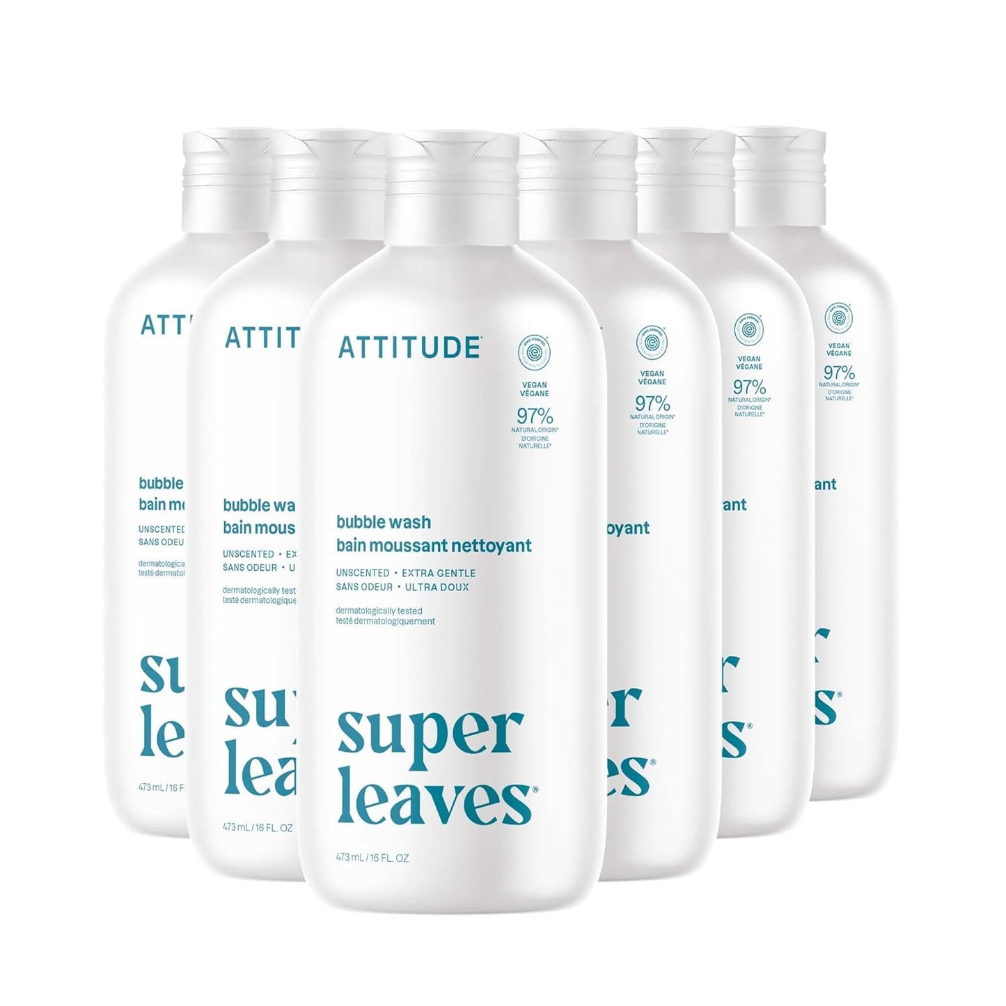 ATTITUDE Bubble Bath, EWG Verified, Plant and Mineral-Based, Dermatologically Tested, Vegan Body Care Products, Extra Gentle, Unscented, 16 Fl Oz (Pack of 6)