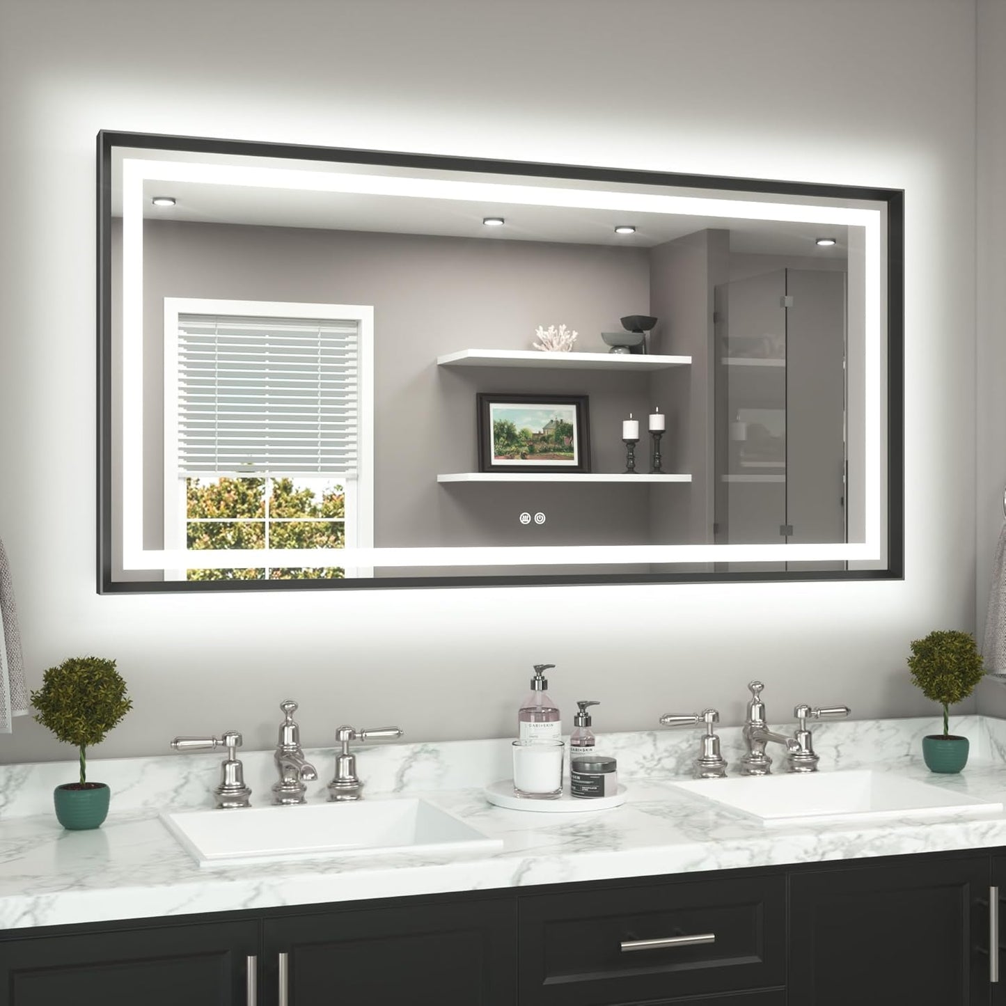 TETOTE 60 x 30 Large Bathroom Mirror Brushed Black Metal Frame Frontlit & Backlit Vanity Mirror 3 Colors White/Warm/Natural Stepless Dimmable Anti-Fog Bathroom Mirrors for Vanity Wall-Mounted