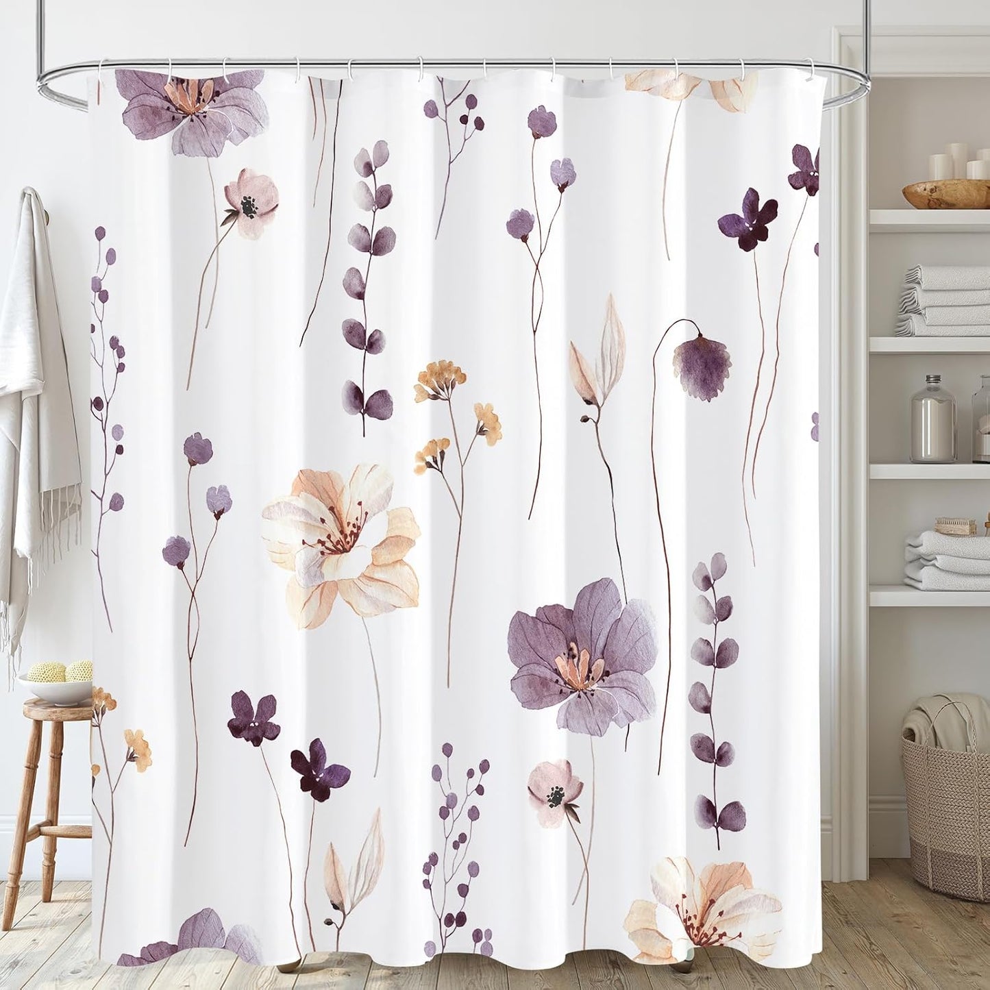 Gibelle Long Shower Curtain 72 x 78, Watercolor Floral Fabric Shower Curtain, Plum Beige Flower Decorative Bathroom Shower Curtain Set with Hooks