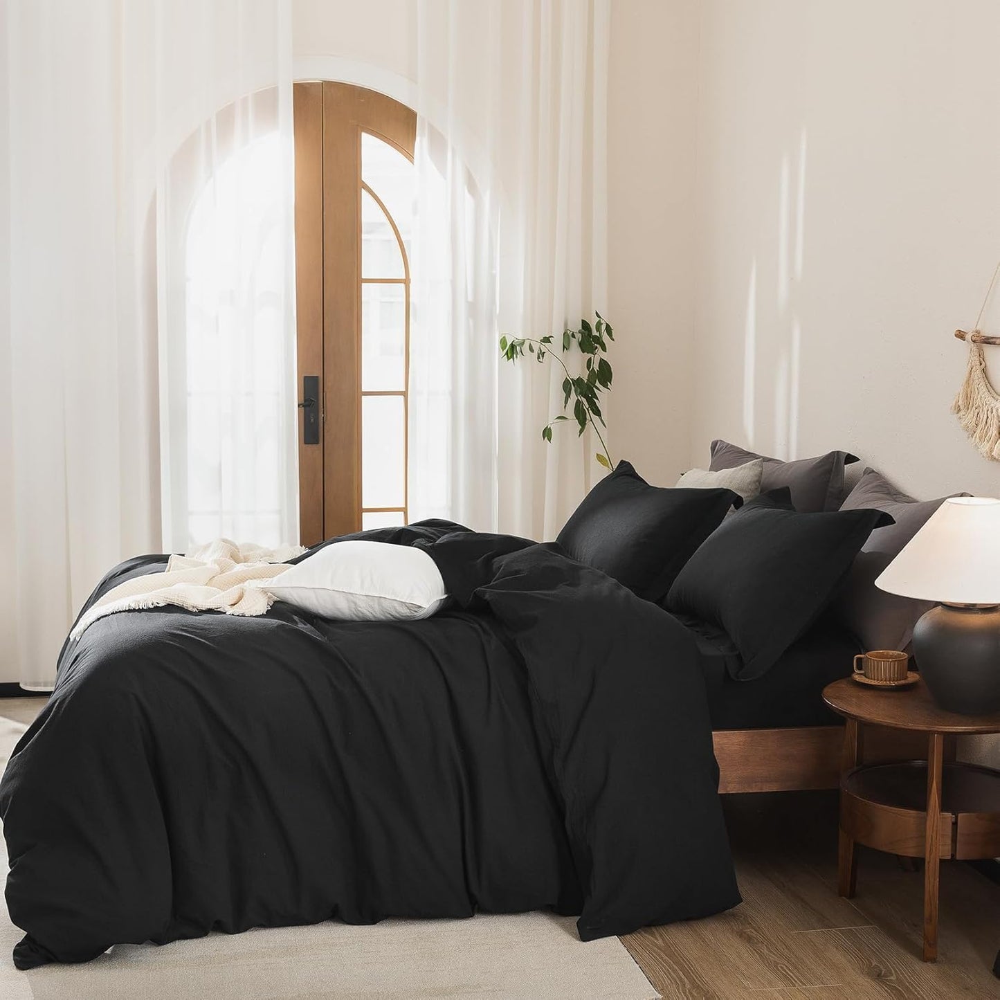 Black Duvet Cover Super King Plus Size 100% Washed Cotton Bedding Set Cover 1 Duvet Cover with Zipper Closure and 2 Pillowcases, 120inch x 120inch