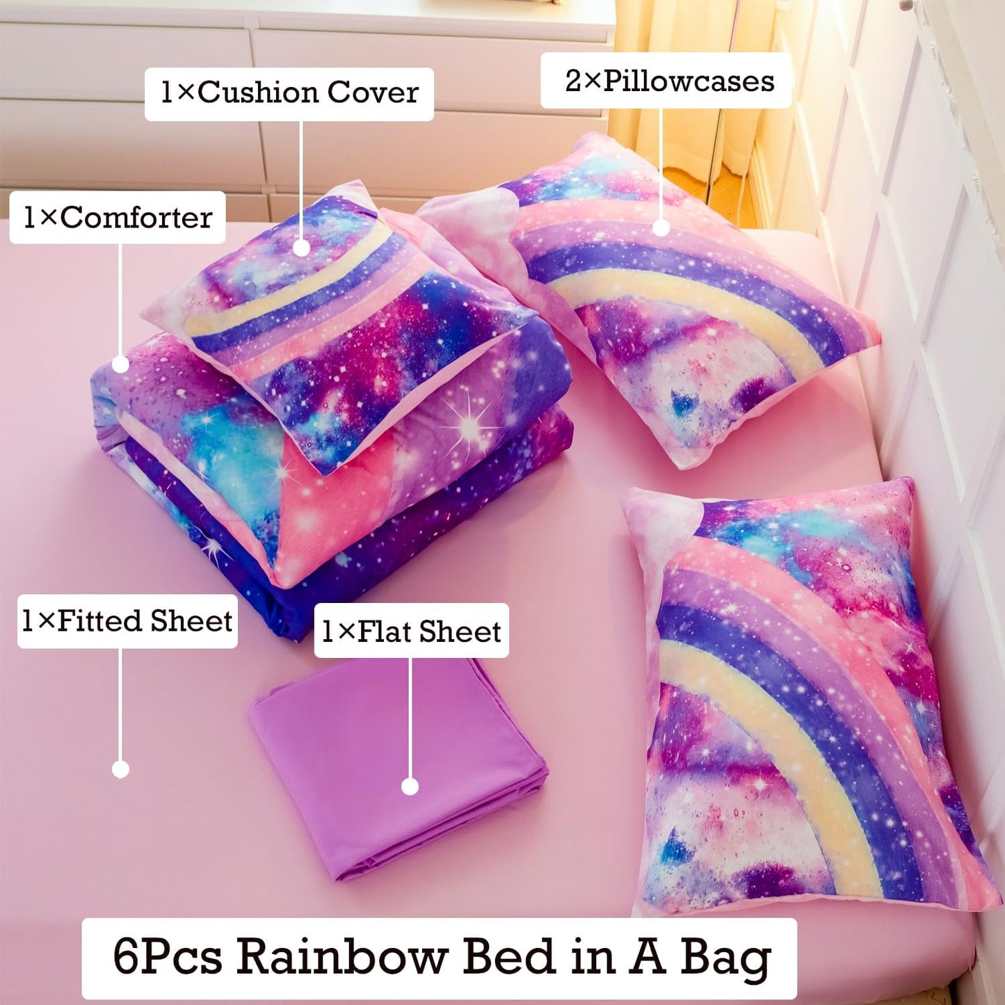 ANGIYUIN 6 Pcs Tie Dye Pink Twin Comforter Set for Girls Rainbow Galaxy Gradient Bed in A Bag Pastle Nebula Kids Bedding Set with Sheets, Comforter and Pillowcases for All Season