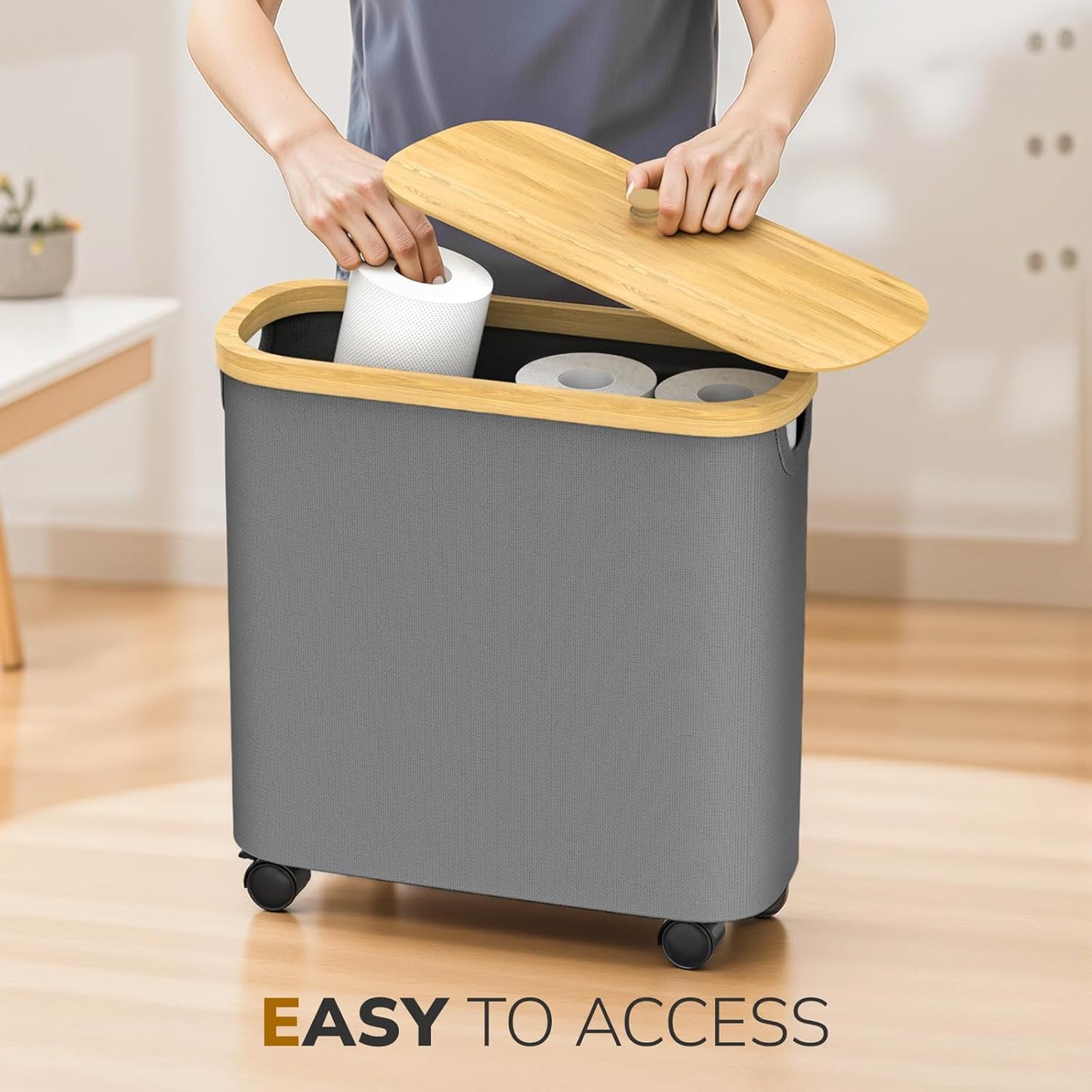 Toilet Paper Storage with Wheel Bamboo Toilet Paper Holder with Lid and Handle Toilet Papers Organizer for Bathroom Free Standing 30L Papers Basket for 9-12 Rolls Bathroom Accessories, Grey