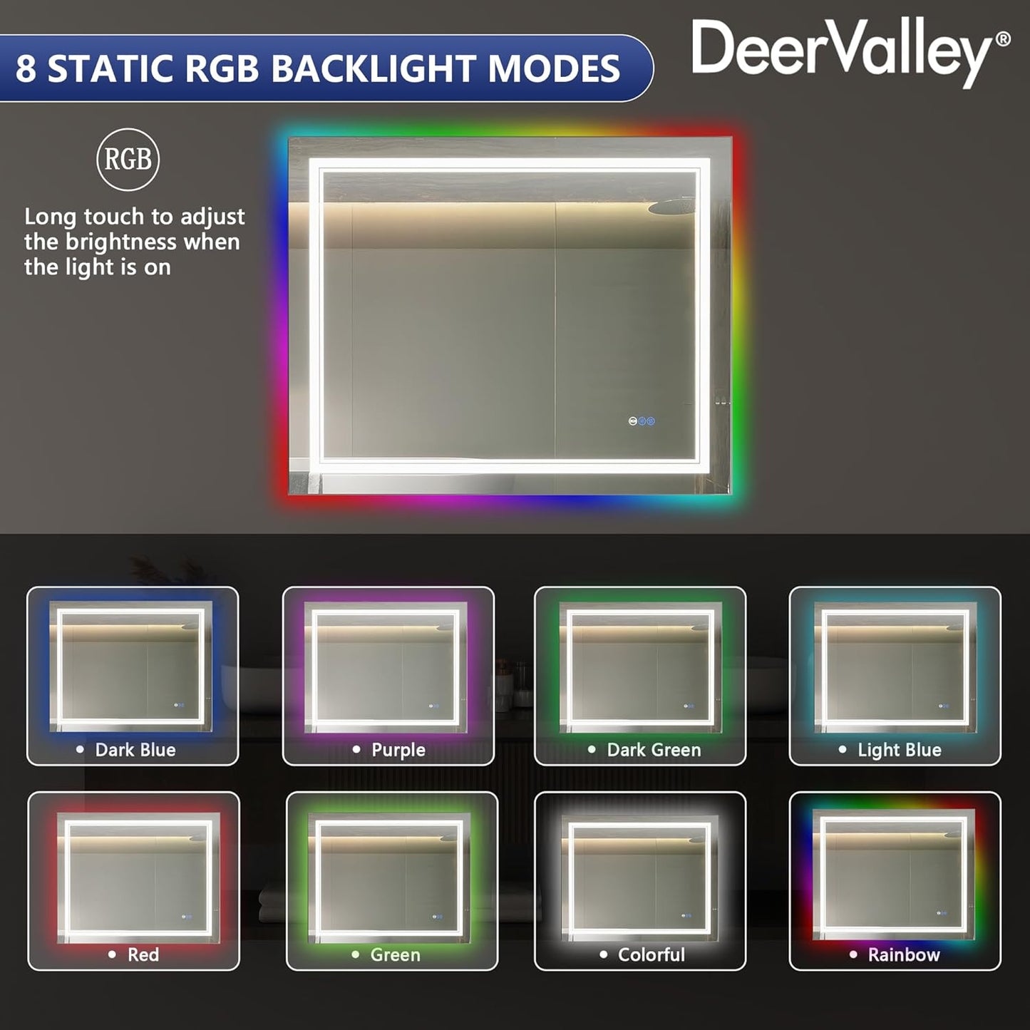 DeerValley LED Bathroom Mirror, 40" x 32" RGB Front and Backlit Wall Mounted Bathroom Vanity Mirror, Anti-Fog, 3 Colors Dimmable, Shatterproof, Tempered Glass, Memory Function (Horizontal/Vertical)
