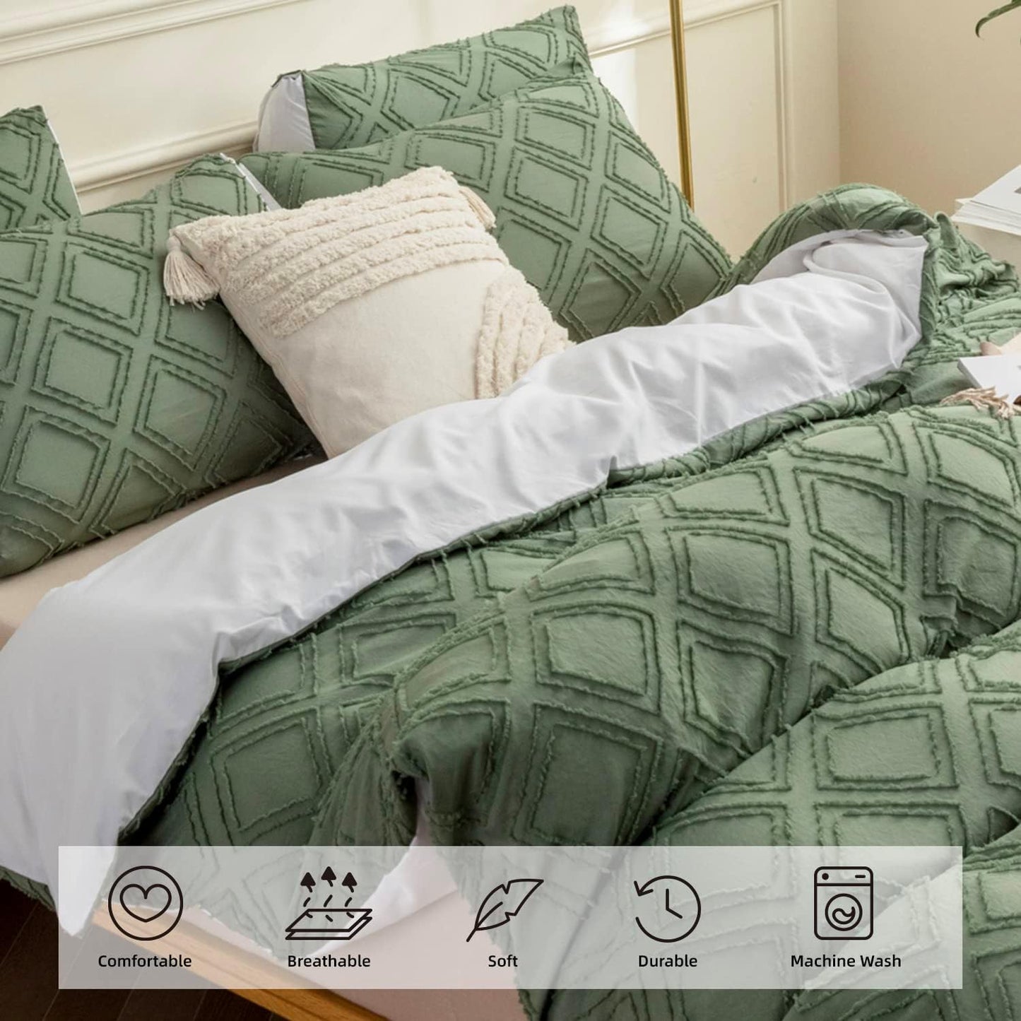 JELLYMONI Duvet Cover King Size Green and White - 3PCS Boho Duvet Cover Set Plaid Polyester Tufted Bohemian Jacquard Knit Textured Comforter Cover 104×90in Rhombic Geometric Pattern Zipper Corner Tie