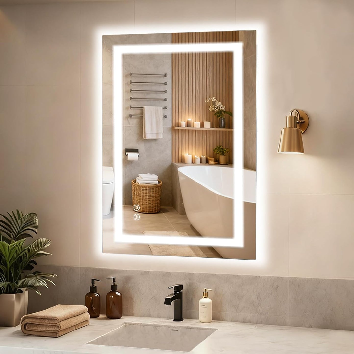 MISSDAY LED Bathroom Mirror,24x36 Inch Gradient Front and Backlit LED Mirror for Bathroom, 3 Colors Dimmable CRI>90 Double Lights, IP54 Enhanced Anti-Fog, Hanging Plates Vanity Mirror with Lights