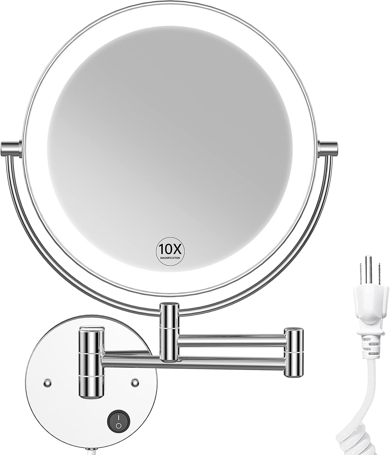 Benbilry 9" Large Size Wall Mounted Lighted Makeup Vanity Mirror, 1X/10X Magnifying 2-Sided AC Plug-in Powered Bathroom Mirror, 360° Swivel 13 Inch Extendable Arm, Chrome