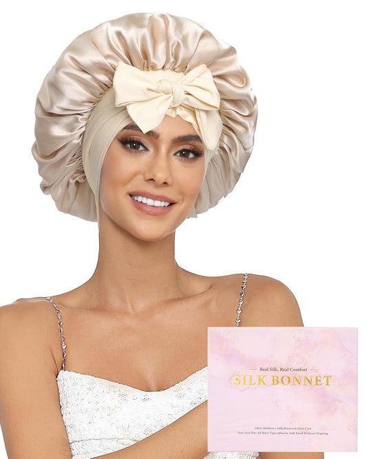 100% Mulberry Silk Bonnet for Sleeping Women Double Layer Silk Hair Bonnet Natural Silk Sleep Cap with Elastic Reversible Hair Wrap (Champagne+Beige)