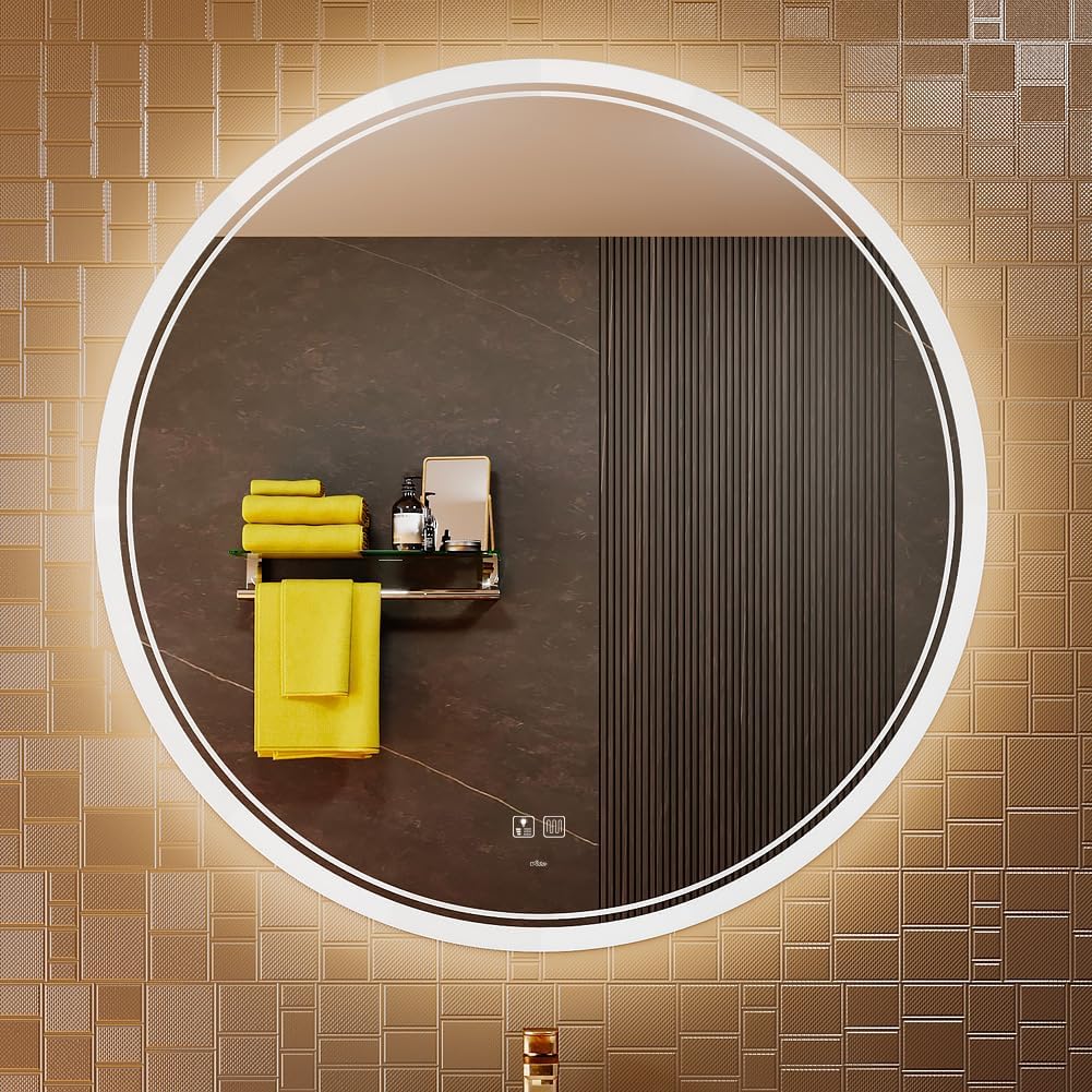 KWW Round Mirror Bathroom LED Lighted Mirror, Illuminated Dimmable Anti-Fog Wall-Mounted Makeup Vanity Mirror with Lights (39.5" L x 39.5" W)