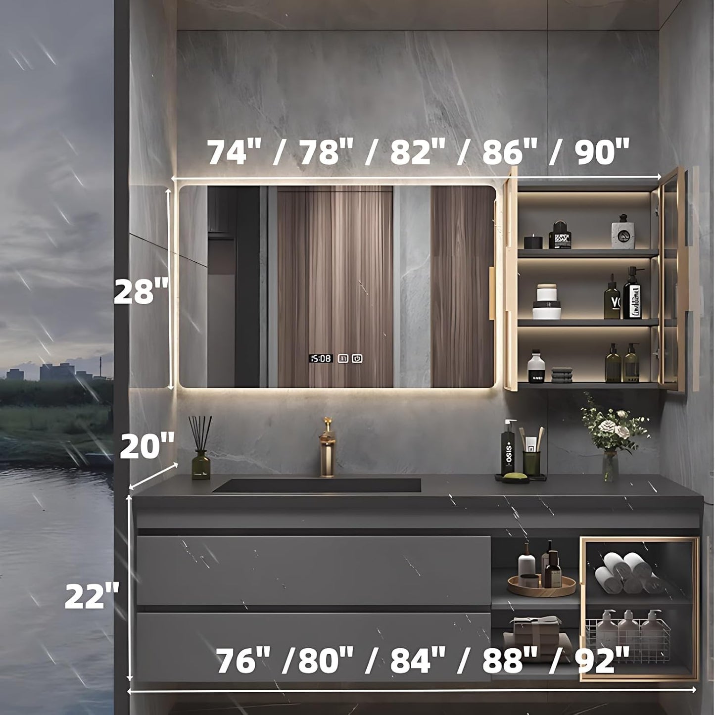 Bathroom Vanity with Sink - Luxury Bathroom Vanities, Floating Vanity with Smart Defogging Mirror, Multi-Layer Solid Wood Material - Complete Accessories (92")