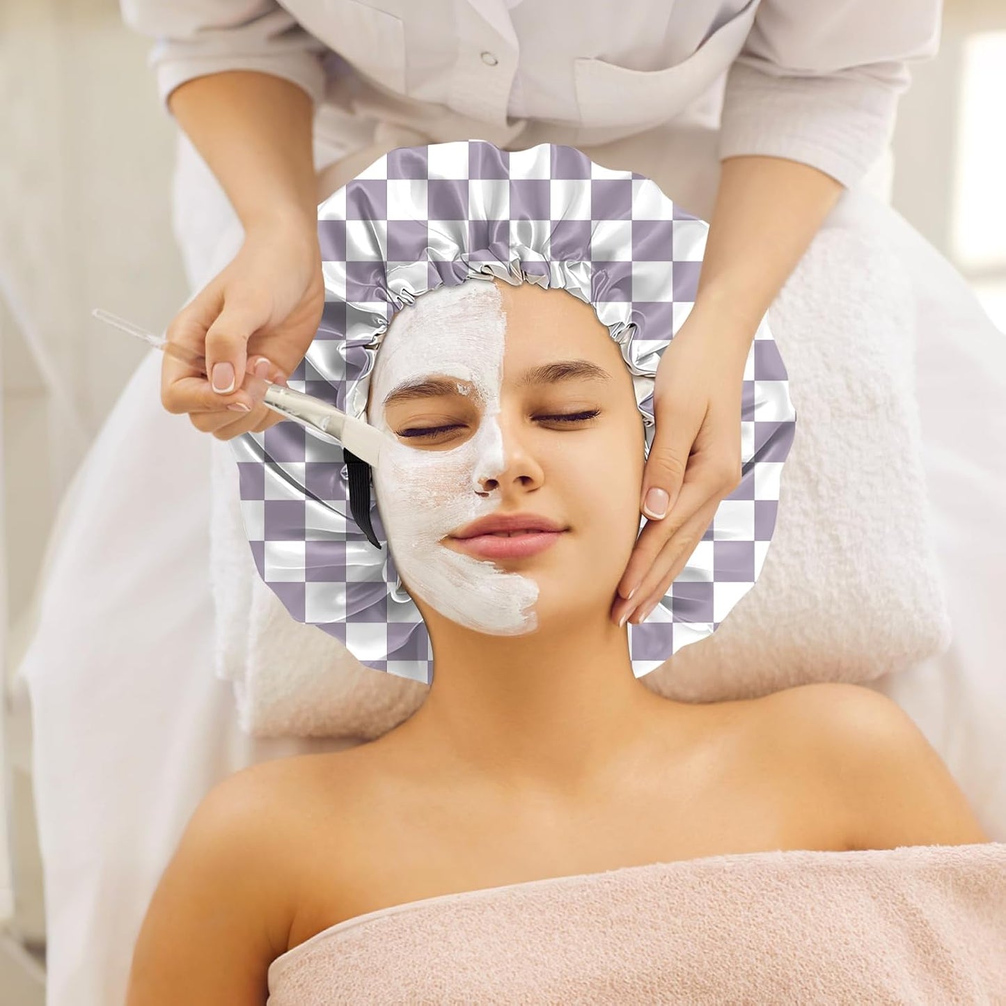 2 PCS Bonnets for Women Girls Satin Hair Bonnet Silk Adjustable Elastic Double Layer Hair Wrap Sleep Cap Comfort Cute-Purple Black Checkered