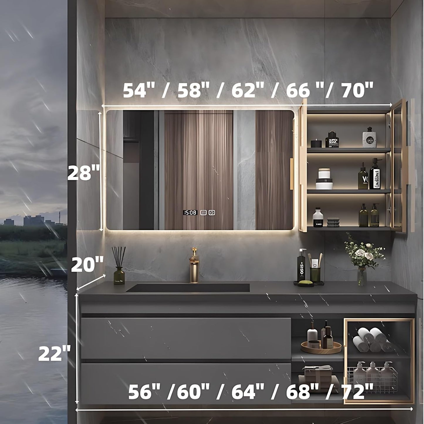 Bathroom Vanity with Sink - Luxury Bathroom Vanities, Floating Vanity with Smart Defogging Mirror, Multi-Layer Solid Wood Material - Complete Accessories (60")
