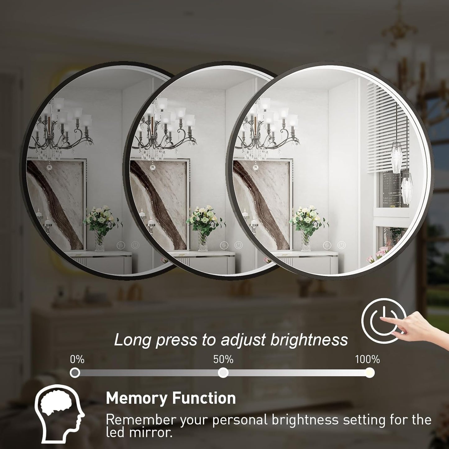 24" Round LED Bathroom Mirror, Dimmable Anti-Fog Vanity Mirror with Touch Control, 6000K Natural Light, Black Metal Frame, Wall Mounted for Makeup Shaving (IP54, 90+ CRI)