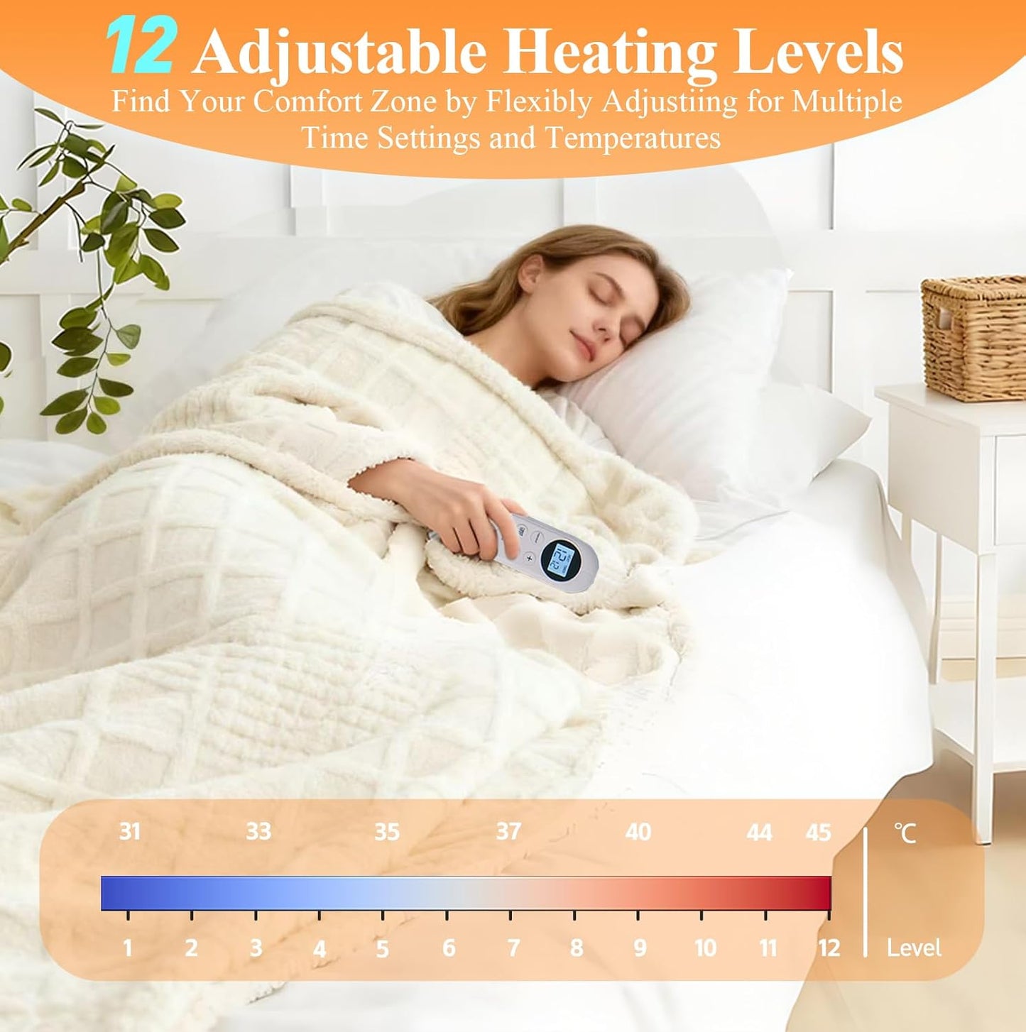 Heated Blanket Electric Throw, 50"X60" Waffle Heating Blanket with 12 Heat Levels, Fast Heating Blanket with 1-12 Timer Settings, Overheat Protection with ETL & FCC for Home Office Sofa (Milky White)