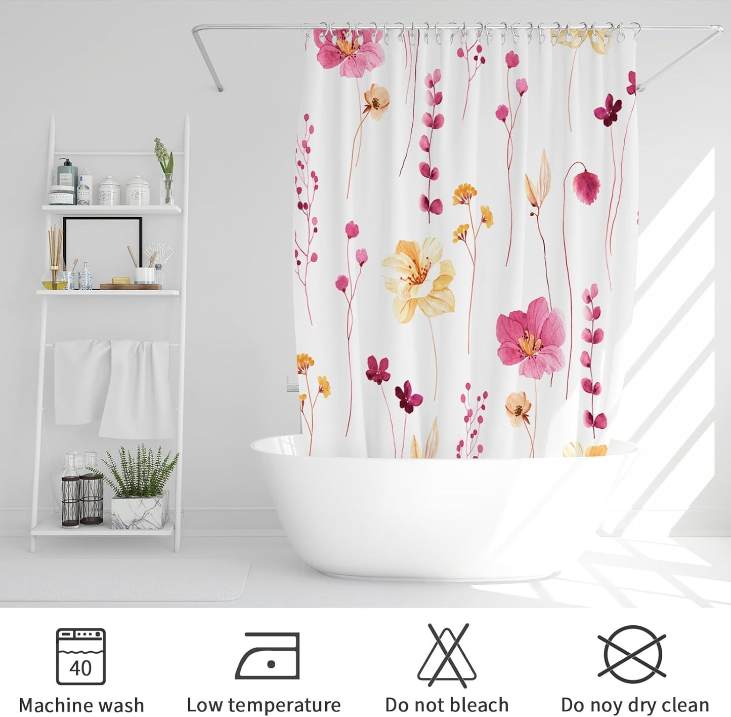 Gibelle Watercolor Floral Shower Curtain, Hot Pink Flower Shower Curtain for Bathroom, Modern Minimalist Waterproof Fabric Shower Curtain Set with Hooks 72x72 Inch
