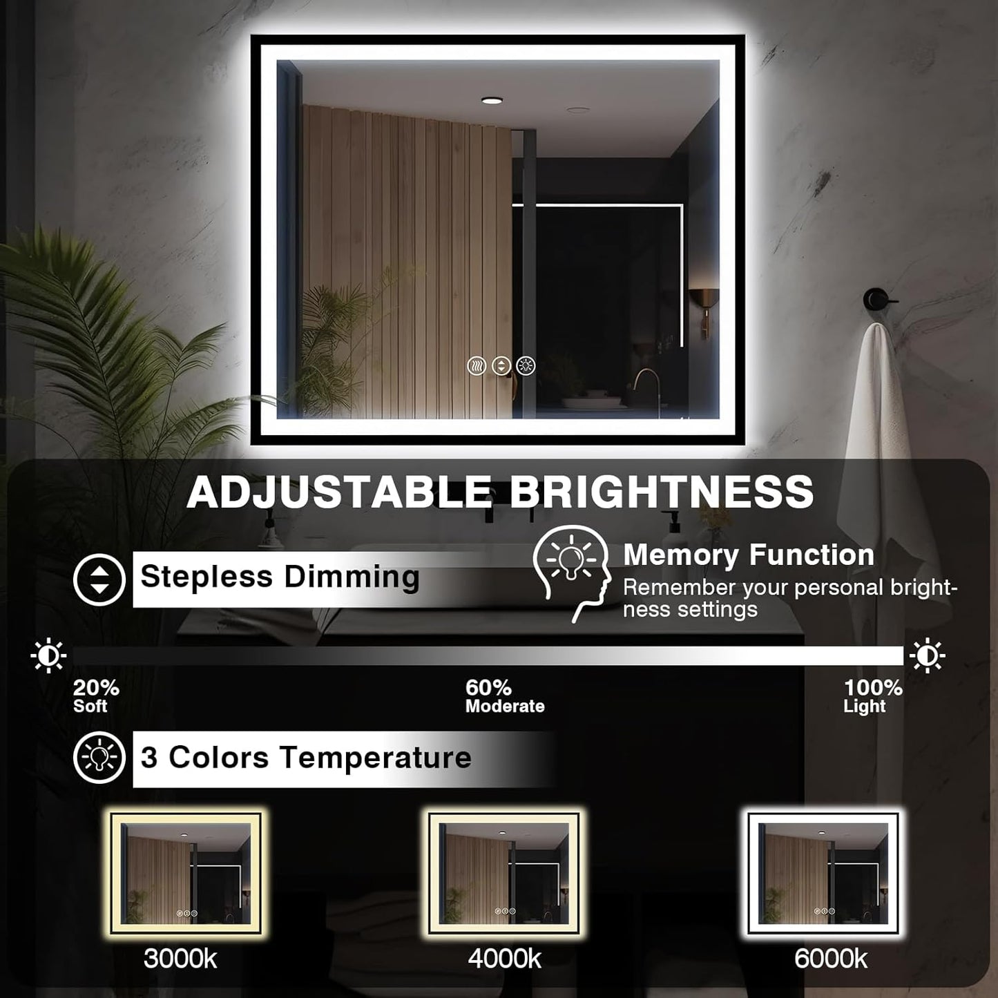 48x40 LED Lighted Bathroom Mirror - Black Aluminum Framed (Front and Backlit), Anti-Fog Bathroom Mirror with Lights,Stepless Dimmable LED Mirror,3 Colors Smart Mirror(Horizontal/Vertical)
