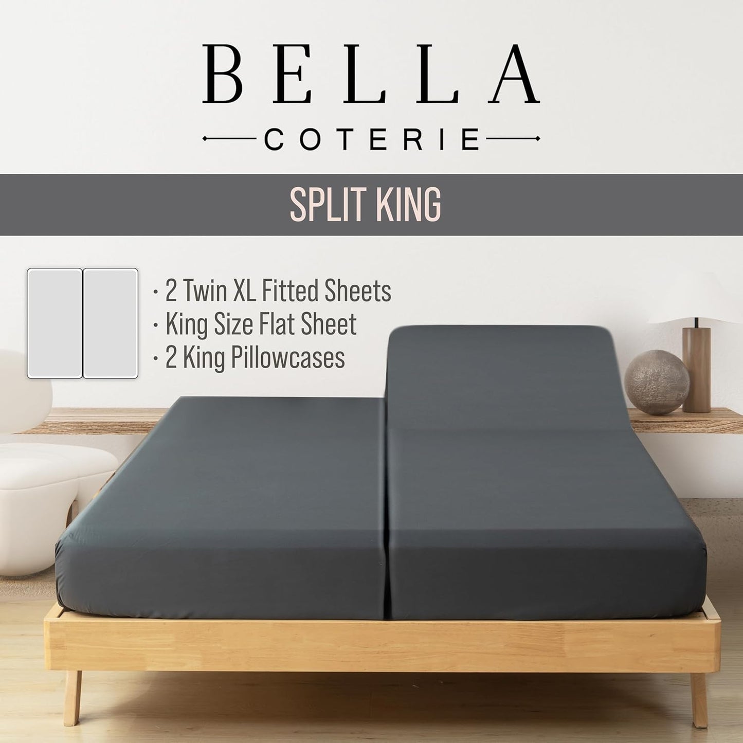 Bella Coterie Luxury Bamboo Viscose Split King Size Sheet Set | 2 Fitted Sheets for Sleep Number & Adjustable Beds | 100% Organically Grown | Cooling & Ultra Soft | 18” Deep Pocket [Charcoal Grey]
