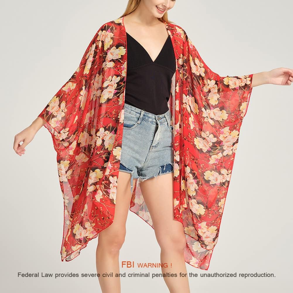 Women's Bohemian Floral Chiffon Beach Cover up Swimsuit Kimono Summer Swimwear Cardigans