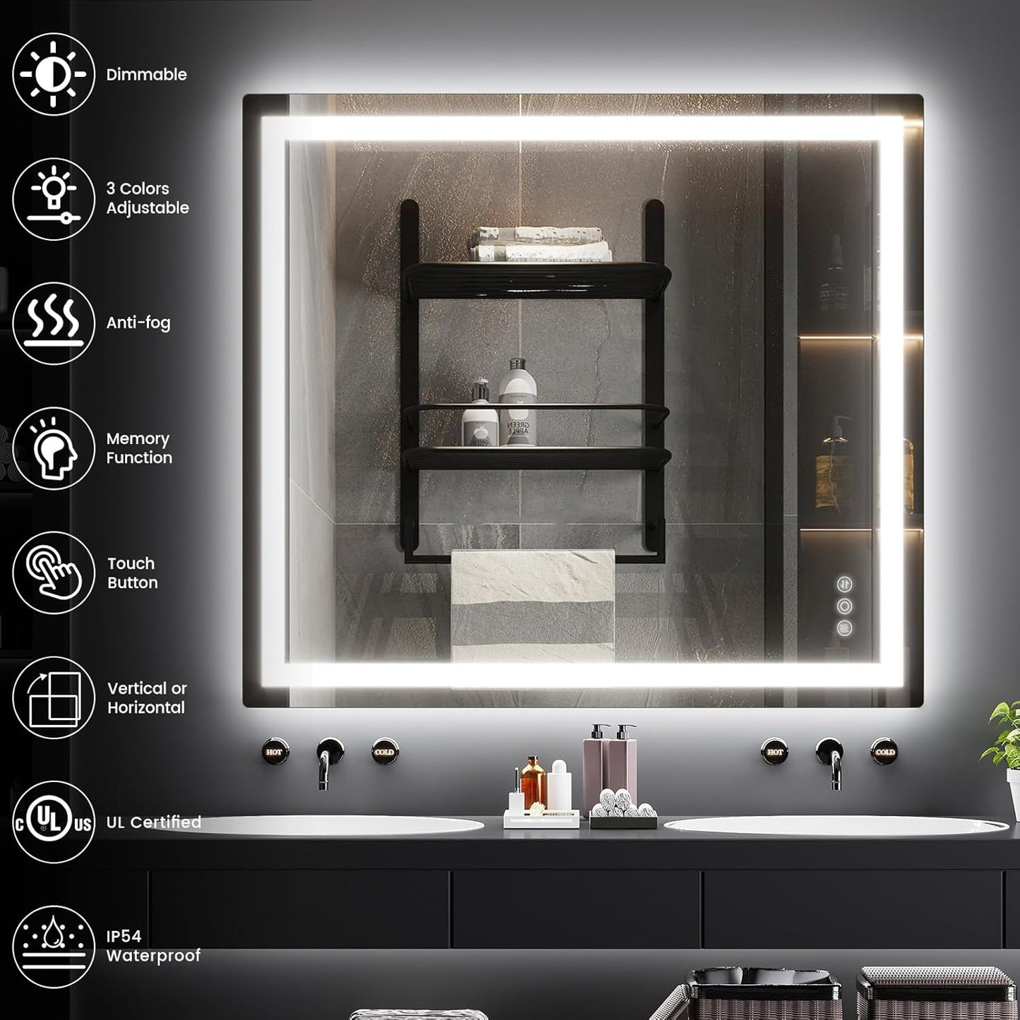 36"x 40" Bathroom Mirror with Lights, LED Mirror for Bathroom with Stepless 3 Colors Temperature & Dimmable Memory Anti-Fog Tempered Glass Mirror