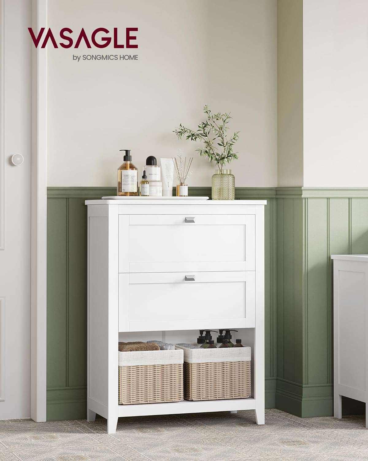 VASAGLE Storage Cabinet, Freestanding Floor Cabinet, 2 Drawers with 1 Set of Adjustable Divider, 2 Baskets, Sideboard, 11.8 x 23.6 x 31.5 Inches, for Bathroom, Living Room, Cloud White UBBC545W02