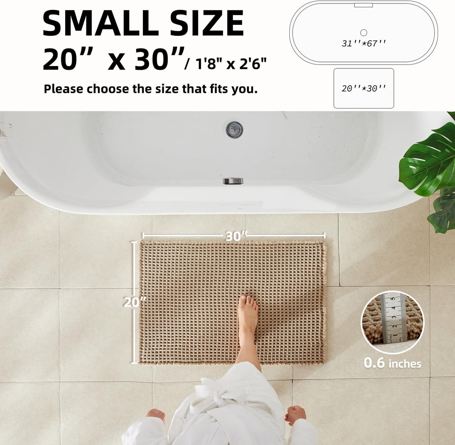 Waffle Bath Mat, Boho Bathroom Rugs Non Slip Washable Super Absorbent Quick Dry Bath Mat Farmhouse Bathroom Decor, 30"x20" Beige