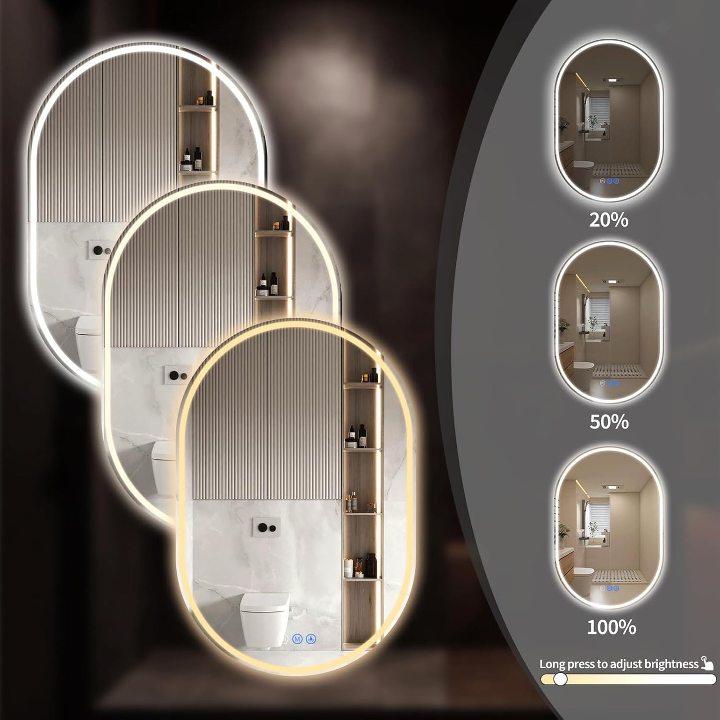Bathroom Mirror 24"x36" LED Bathroom Mirror with Lights, Anti-Fog, Dimmable Oval Mirrors with Front Light and Backlit, Modern Farmhouse Wall Mounted Mirror for Decorative
