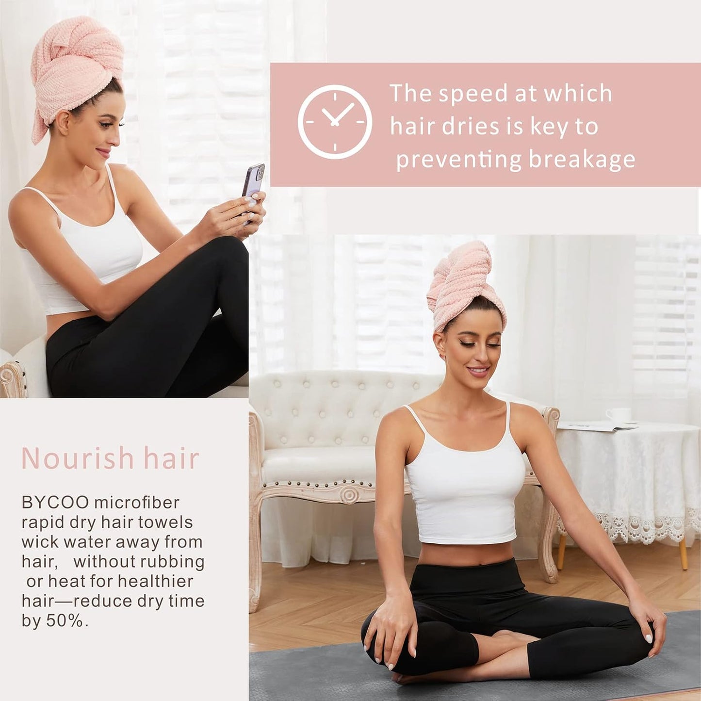 Microfiber Hair Towel Wrap for Women, Anti Frizz Large Ultra-Soft Hands-Free Hair Dry Towels, Fast Drying | Super Absorbent | Quick Dry Hair Turban for Wet, Curly, Long & Thick Hair - Pink