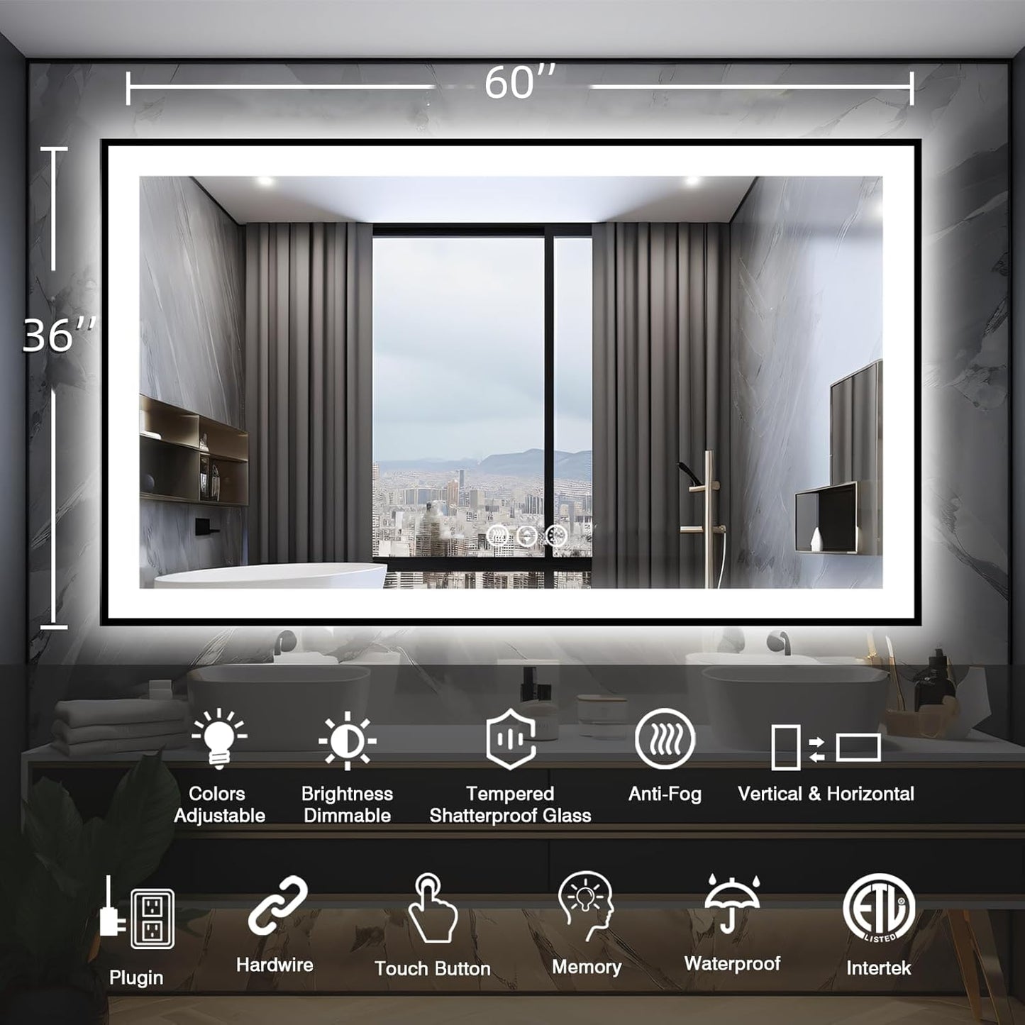 60x36 Lighted Mirrors for Bathroom Wall, Modern Rectangle Matte Black Mirror, Tempered Glass，Double Lights, 3 Colors Dimmable Temperature, IP54 Enhanced Anti-Fog, Memory (Horizontal/Vertical)