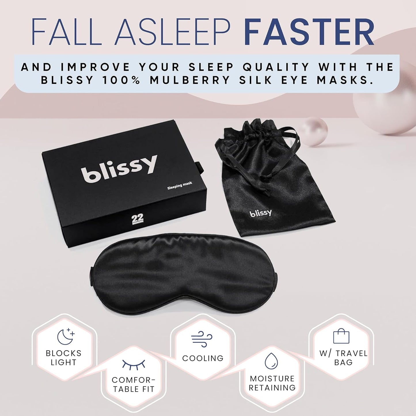 Blissy Silk Sleep Mask - Eye Sleeping Mask for Women & Men for Total Blackout - 100% Pure Mulberry Silk, 22 Momme 6a Fibers - Blindfold Sleep Mask Side Sleeper Eye Cover