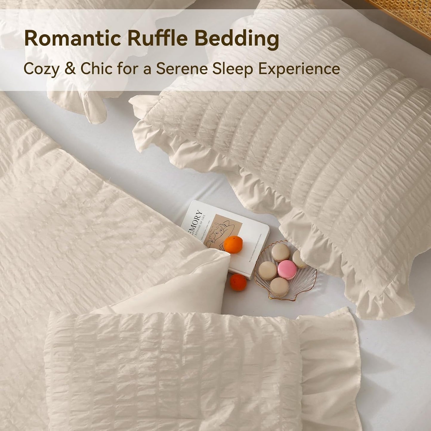 JOLLYVOGUE Beige Queen Comforter Set, 3 Pieces Seersucker Comforters Queen Size, Lightweight & Fluffy Bedding Sets Queen for All Season with 1 Ruffle Comforter and 2 Ruffle Pillowshams